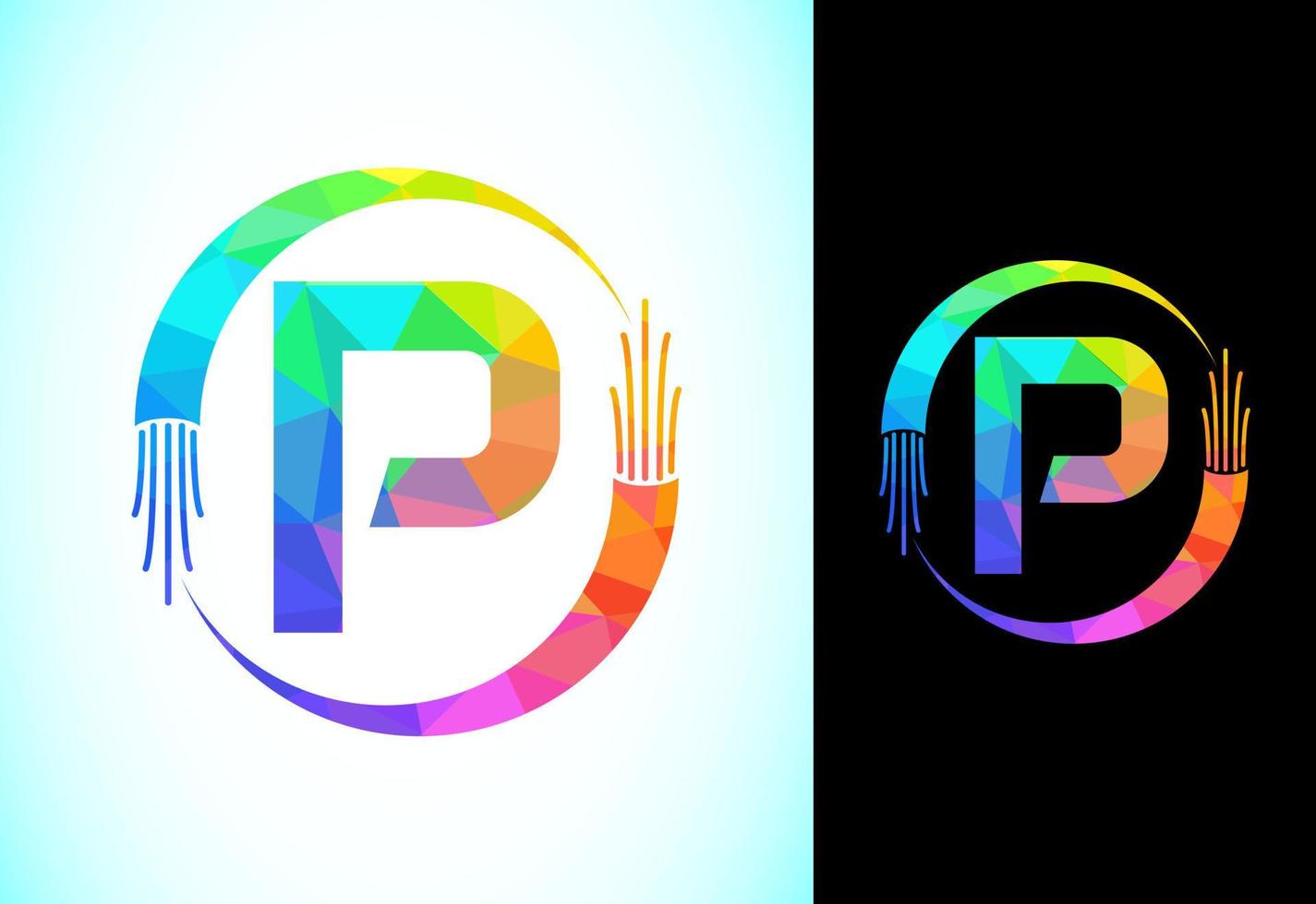Polygonal alphabet P with electric wire, and optical fiber cable. Low poly graphic alphabet symbol vector