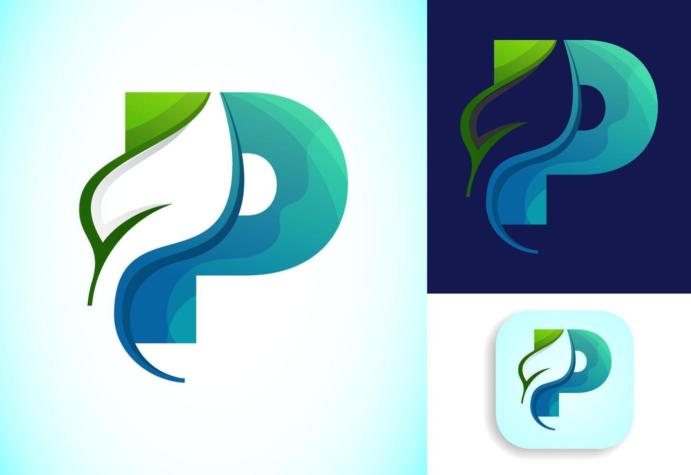 Letter P with negative space leaf logo vector template. Gradient logo design
