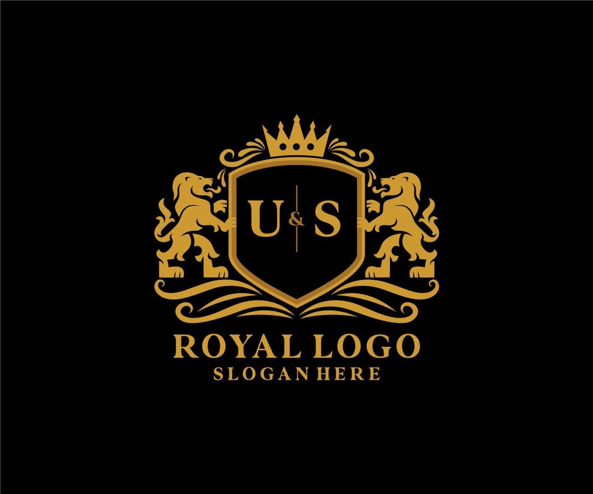 Initial US Letter Lion Royal Luxury Logo template in vector art for Restaurant, Royalty, Boutique, Cafe, Hotel, Heraldic, Jewelry, Fashion and other vector illustration.