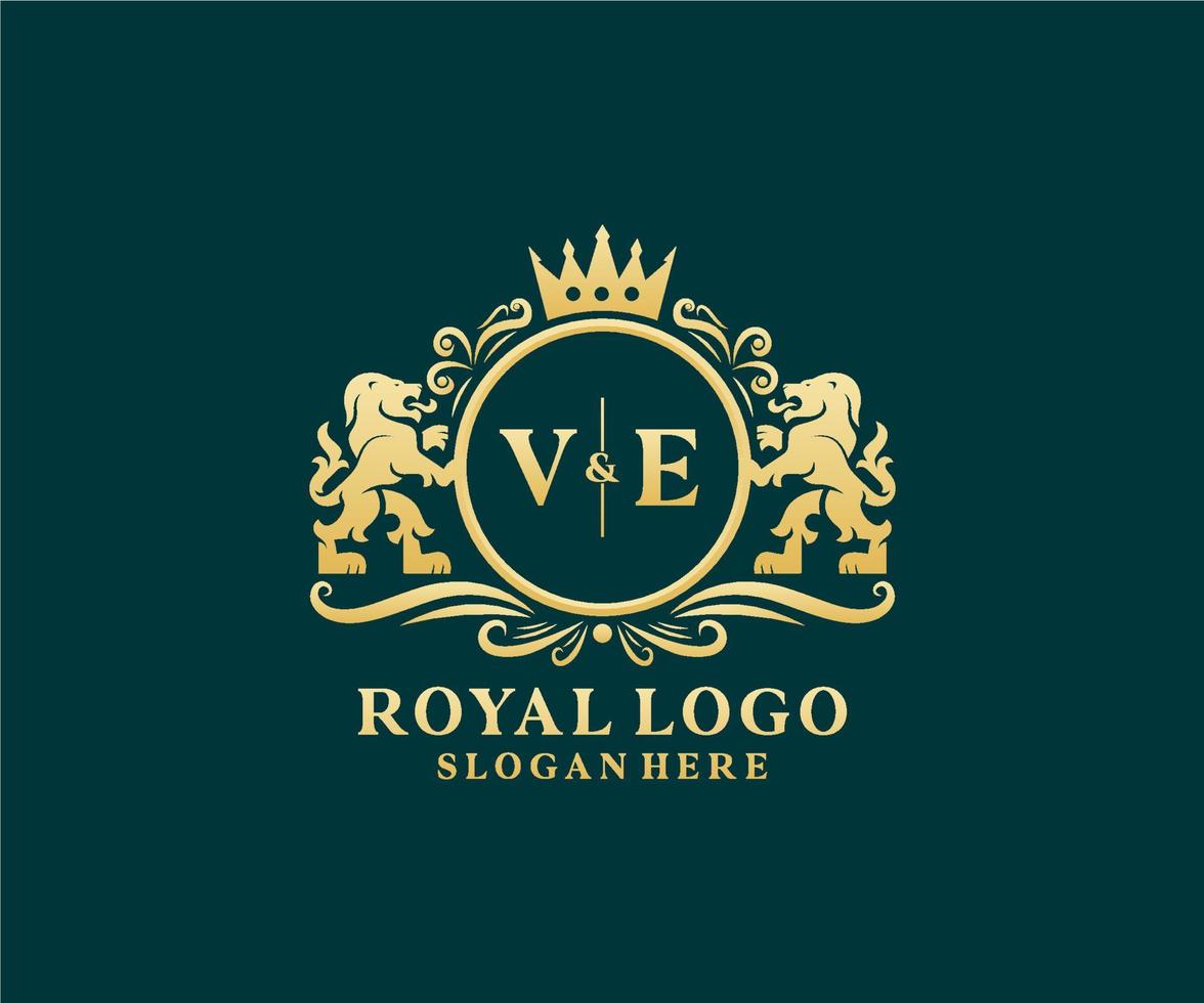 Initial VE Letter Lion Royal Luxury Logo template in vector art for Restaurant, Royalty, Boutique, Cafe, Hotel, Heraldic, Jewelry, Fashion and other vector illustration.