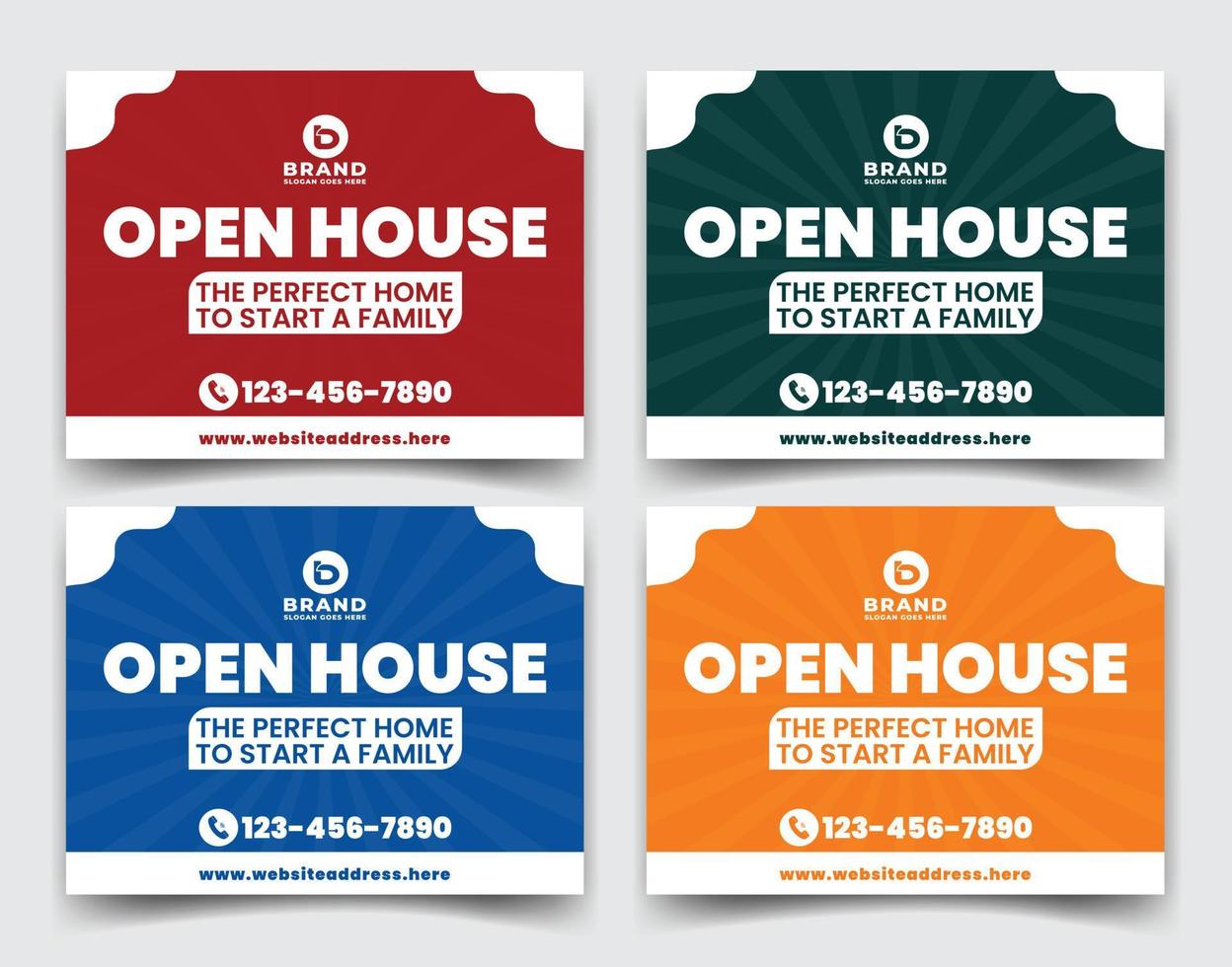 Home sale business real estate company ads, yard sign, signage design vector template for outdoor advertising multiple color version red orange green blue