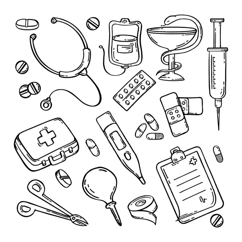 Medical pharmaceutical hospital device set of drawings. Vector illustration of medical equipment, hand drawn