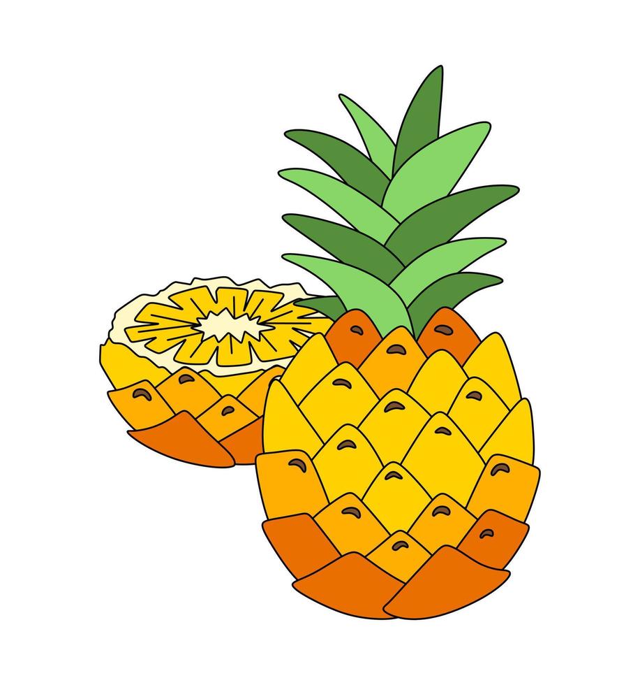 Pineapple doodle linear vector color illustration isolated on white background