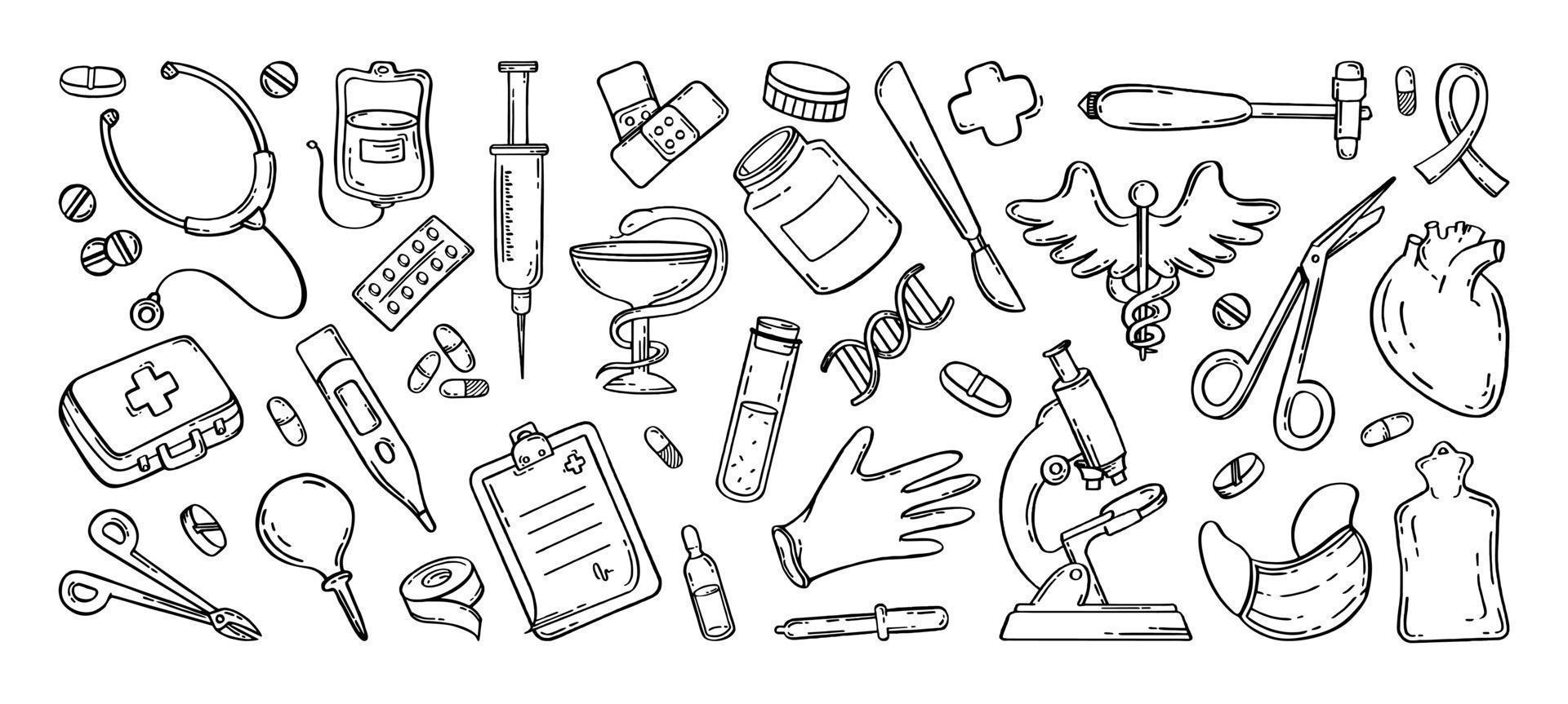 Medical pharmaceutical hospital device set of drawings. Vector illustration of medical equipment, hand drawn