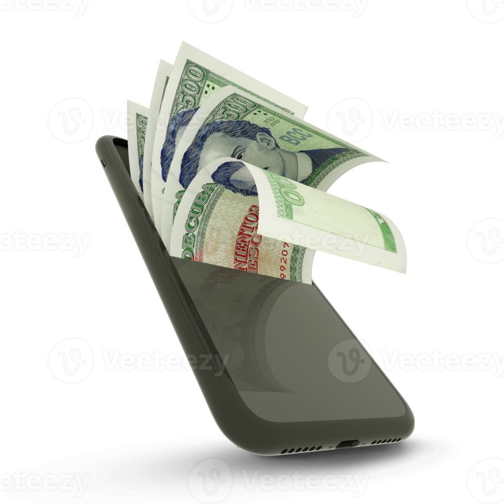 3D rendering of Cuban Peso notes inside a mobile phone. money coming out of mobile phone png