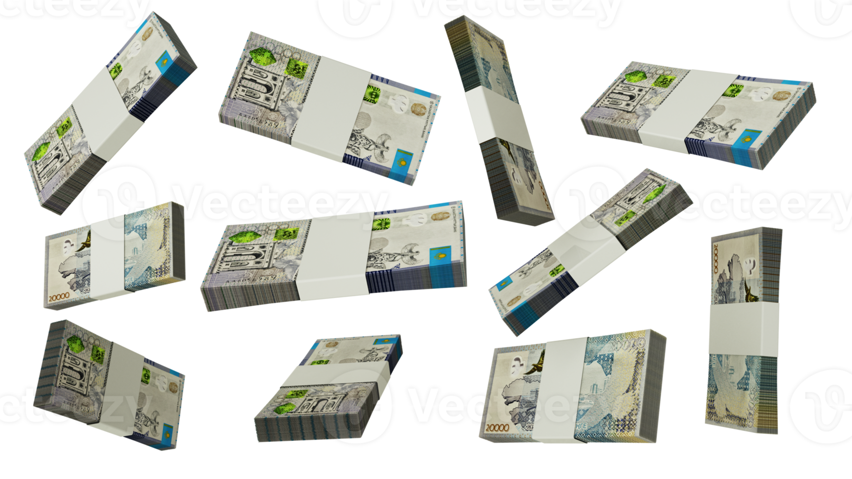 3D rendering of  stacks of 20000 Kazakhstani Tenge notes flying in different angles and orientations png