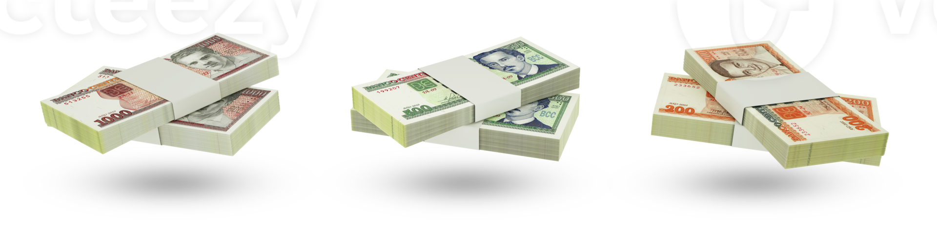 Set of stacks of Cuban Peso notes in different denominations. 3d rendering png