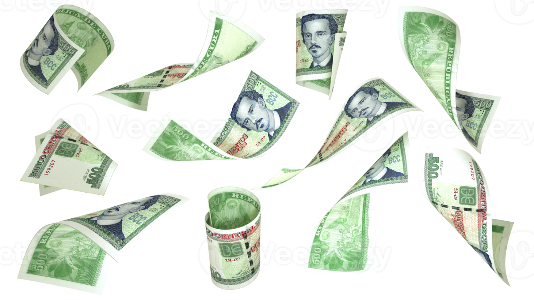 3D rendering of 500 Cuban Peso notes flying in different angles and orientations png