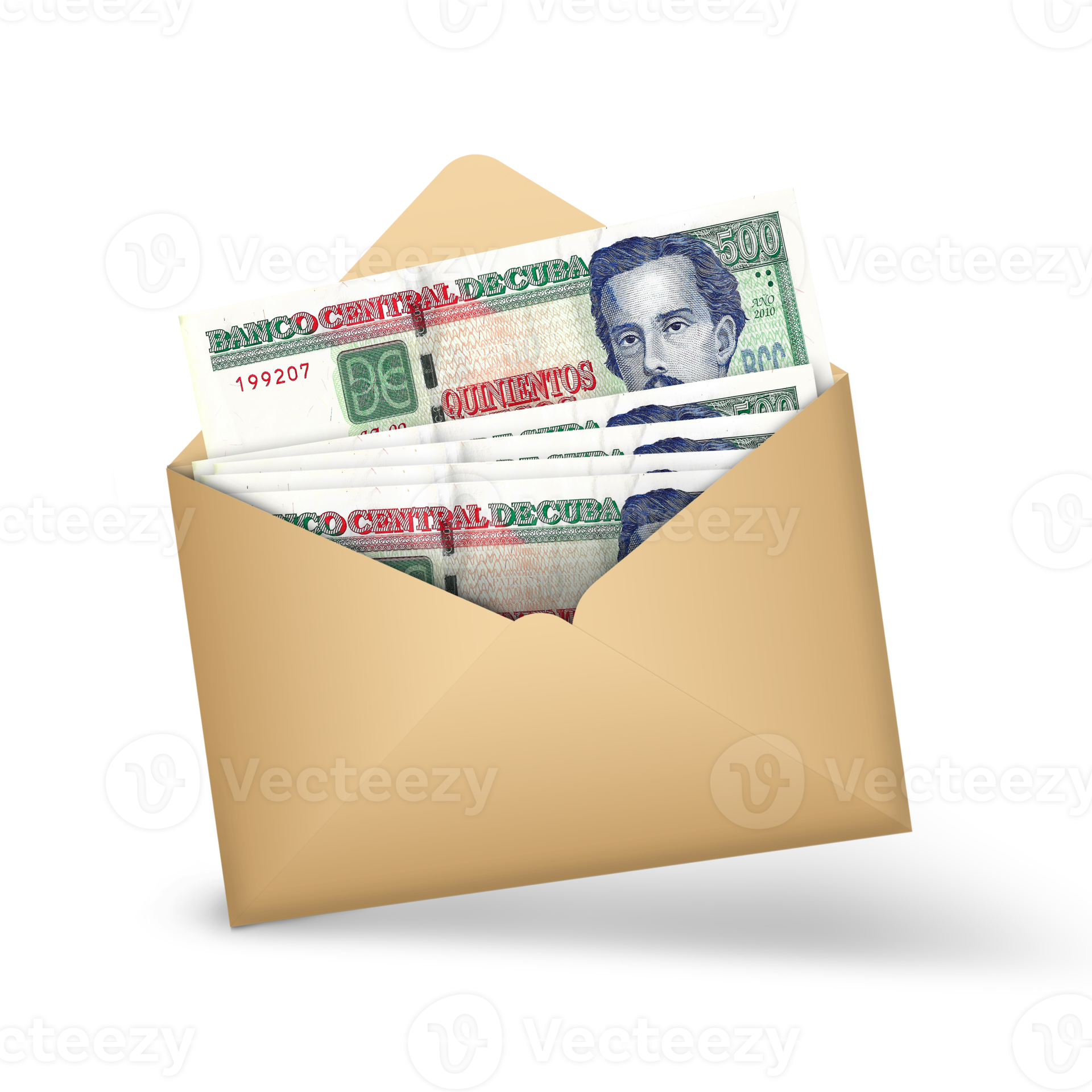 Free Cuban Peso notes inside an open brown envelope. 3D illustration of