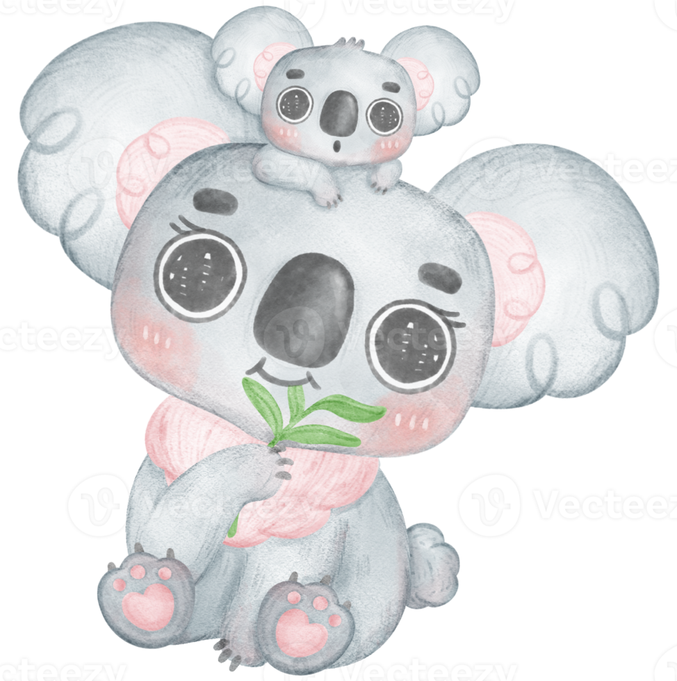 süß kawaii glücklich Lächeln Wärme Liebe Koala Baby und Mama Umarmung und kuscheln Kind Aquarell, Mutter Tag, png