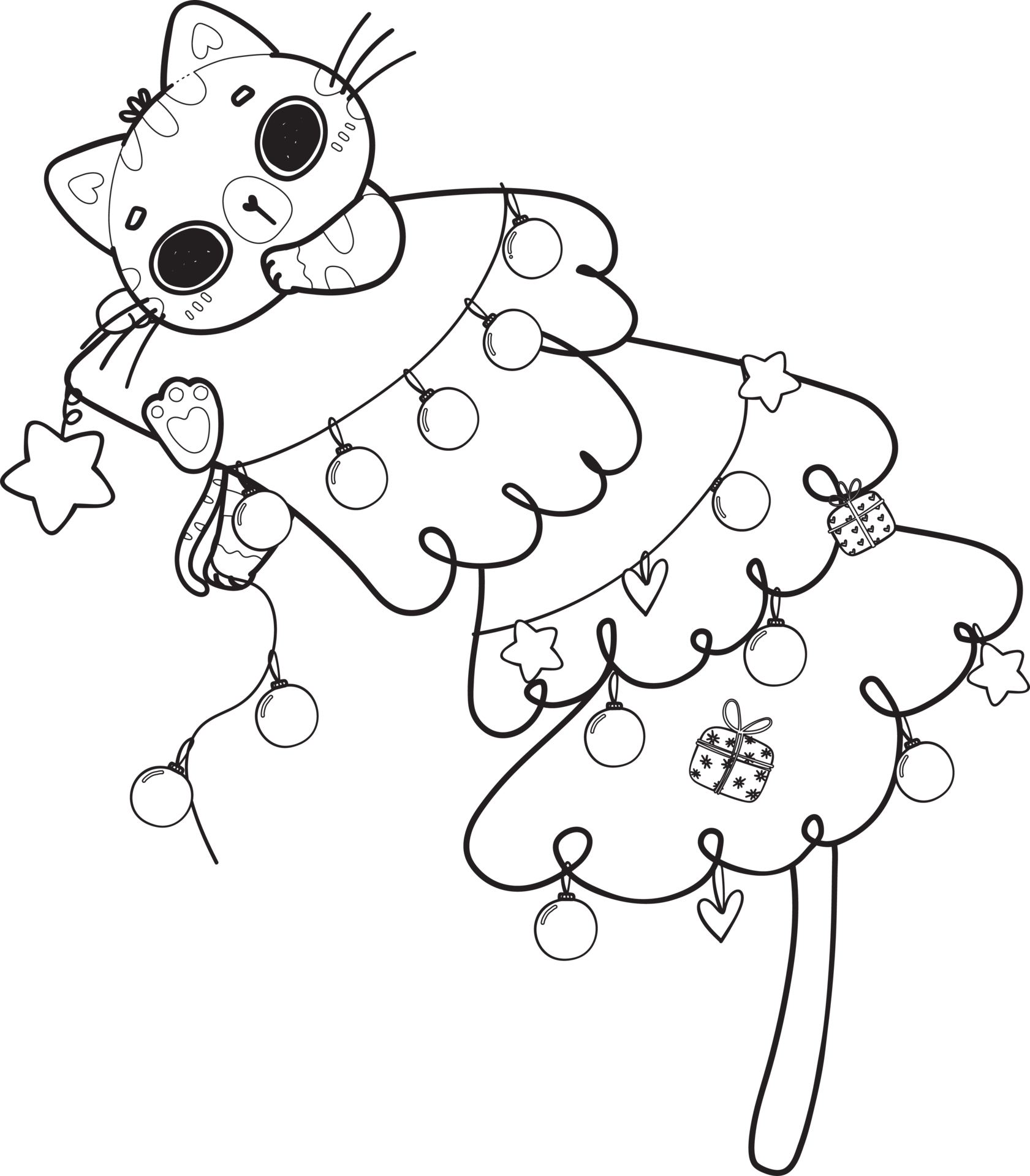 cute Christmas naughty cat on pine tree cartoon doodle outline hand drawn 21077383 PNG