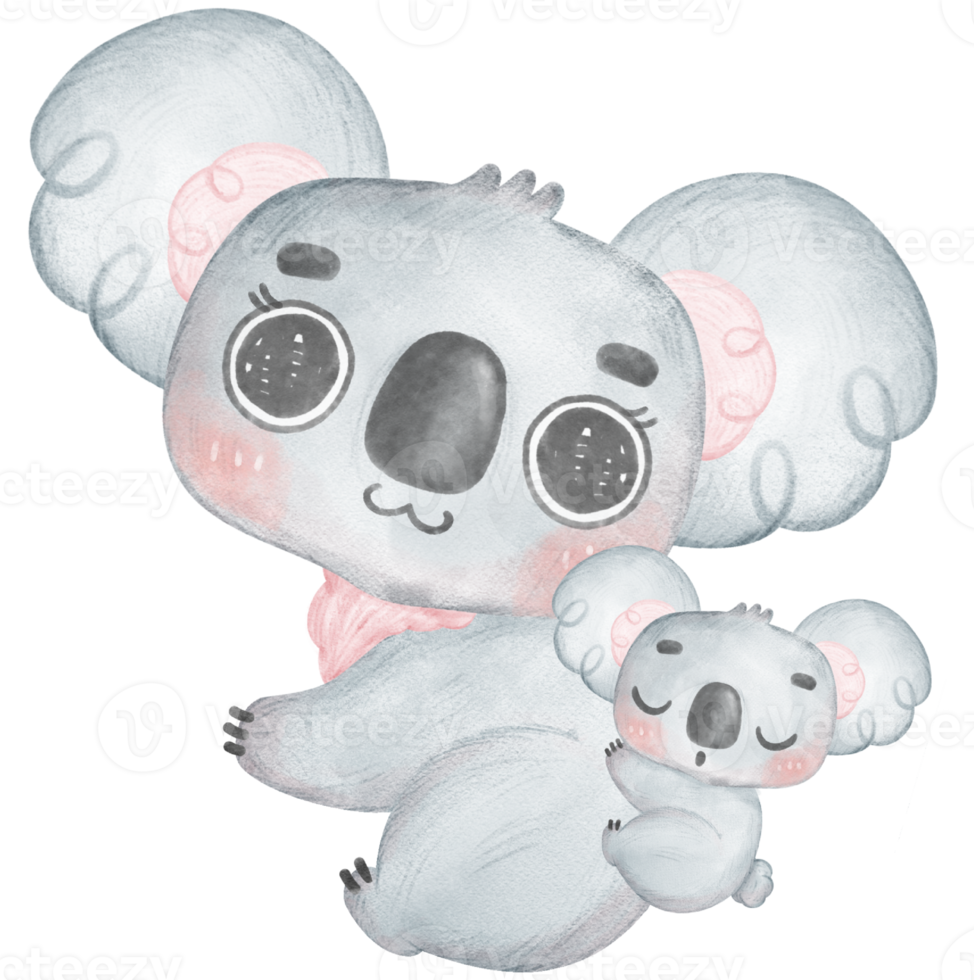 süß kawaii glücklich Lächeln Wärme Liebe Koala Baby und Mama Umarmung und kuscheln Kind Aquarell, Mutter Tag, png