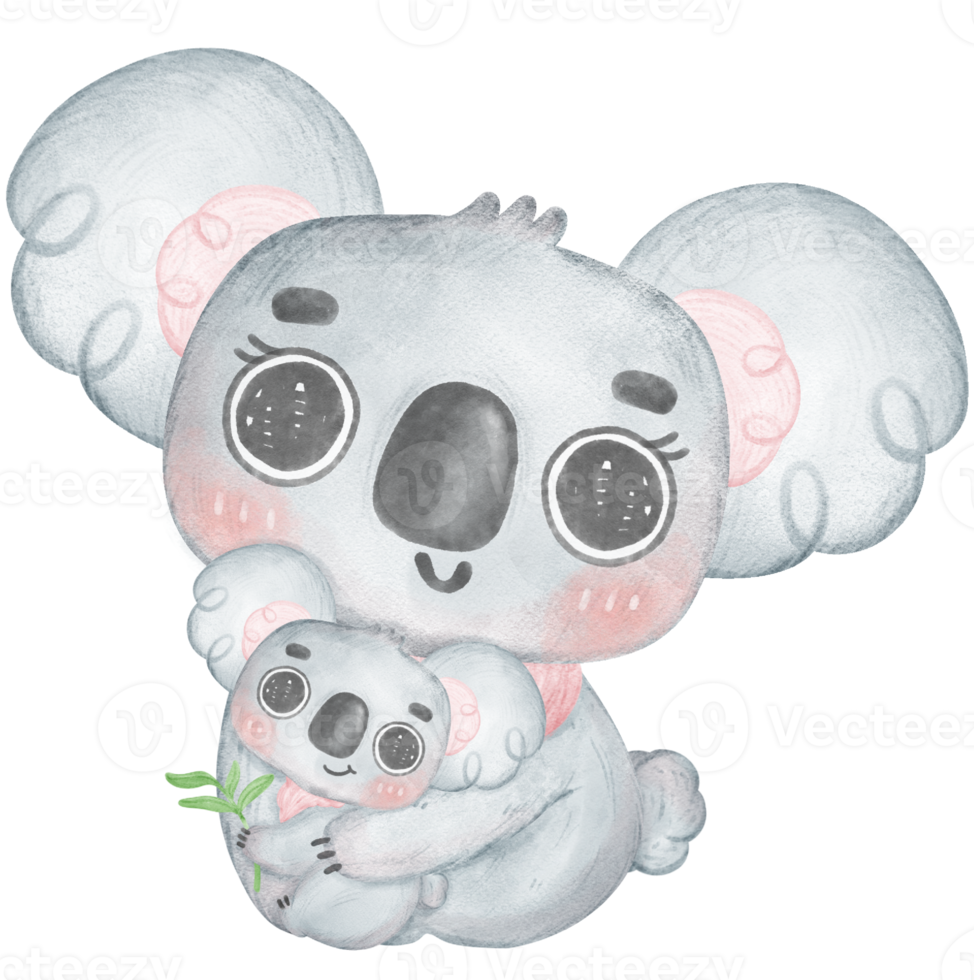 Cute kawaii happy smile warmth love koala baby and mom hug and cuddle kid watercolour, Mother Day, png