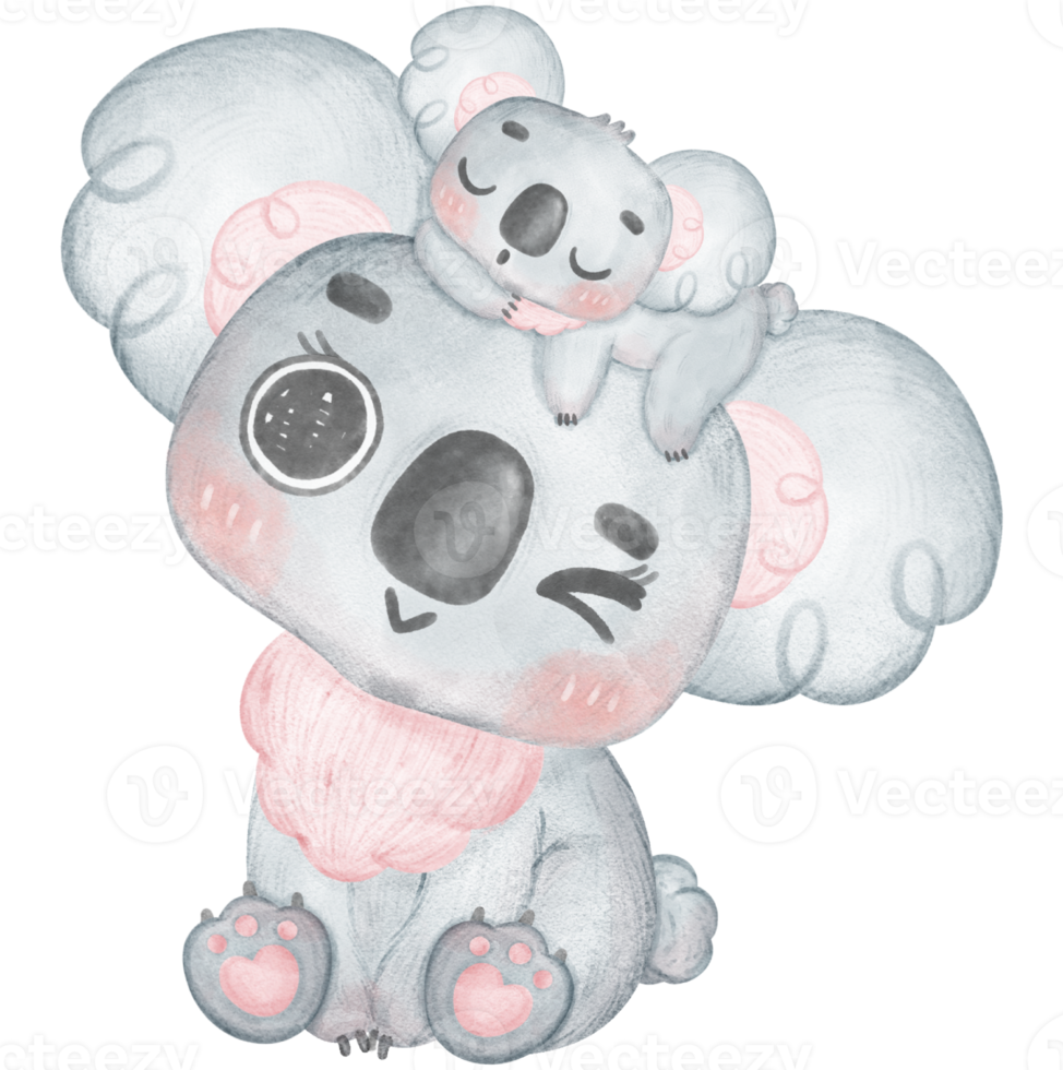 Cute kawaii happy smile warmth love koala baby and mom hug and cuddle kid watercolour, Mother Day, png