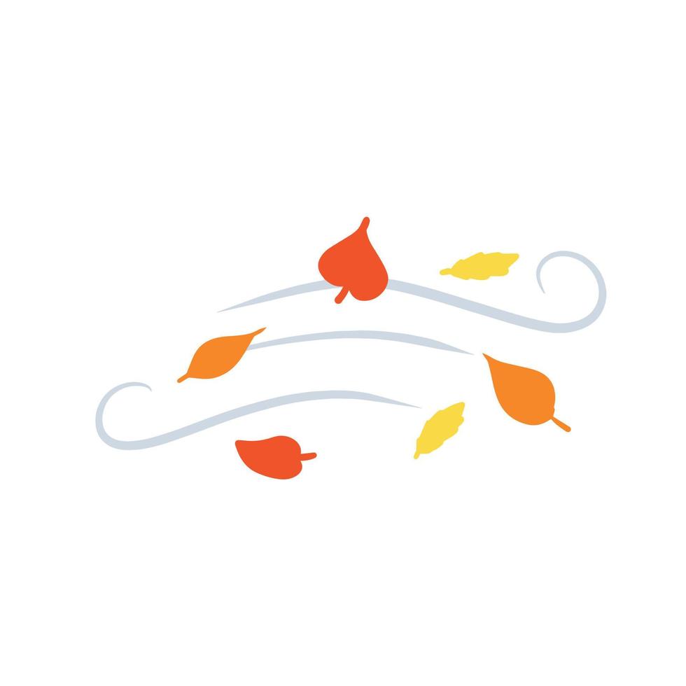 Autumn Wind. Stream of air with red and yellow leaves. Blue wavy line. Breeze and weather icon. Flat illustration. Leaf fall vector