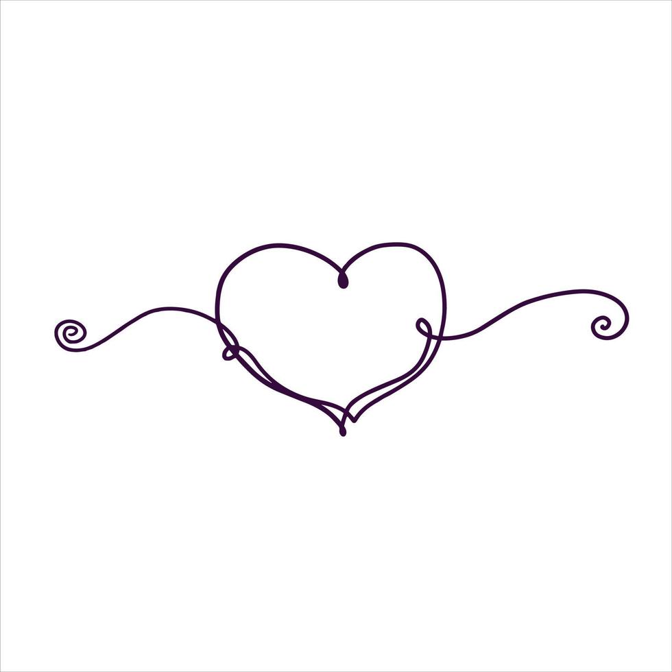 One line heart drawing. Romantic symbol of Valentine Day. Linear decoration isolated on white. vector