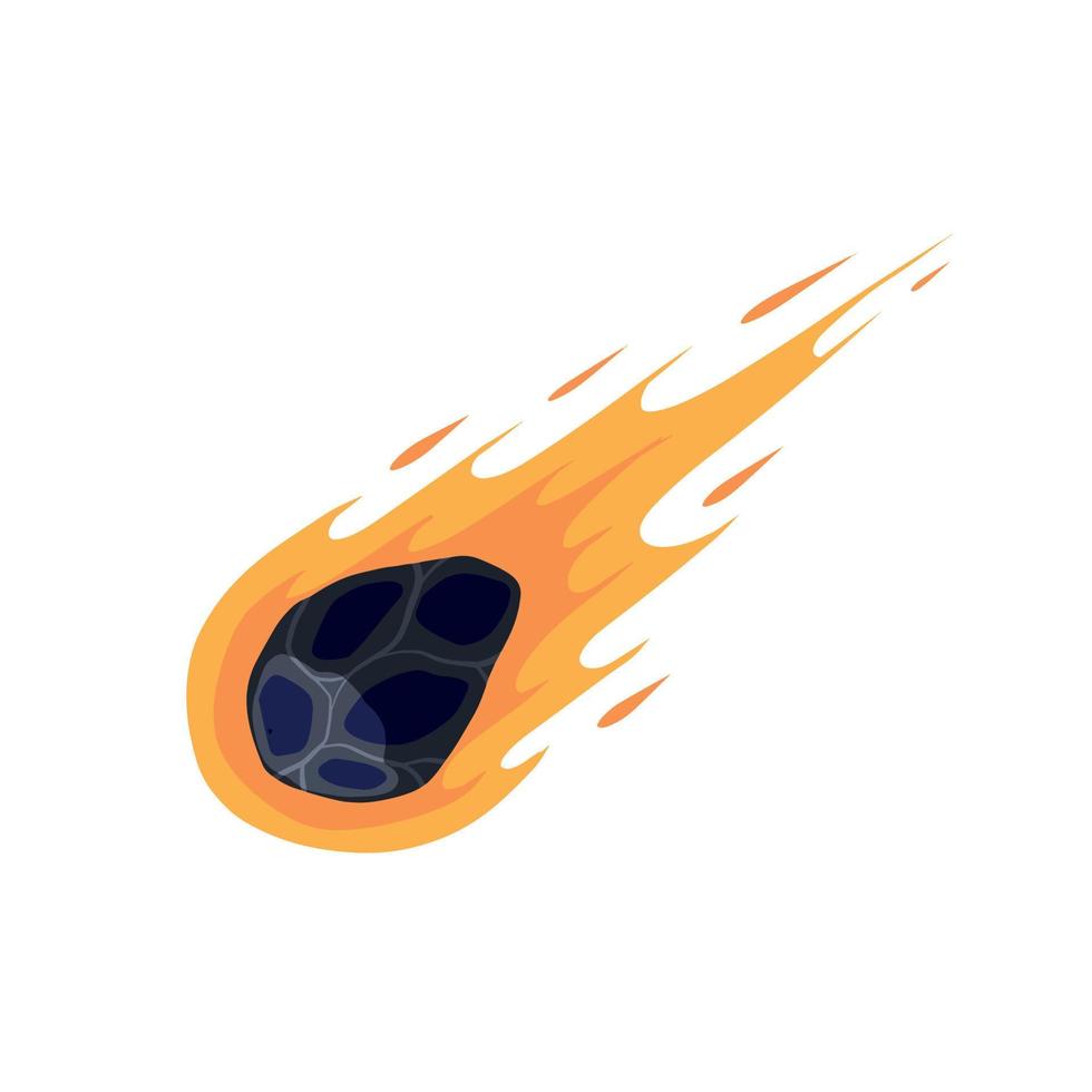 Flying asteroid, Burning comet. Astronomical object with tail vector design illustration. Dangerous explosive space object