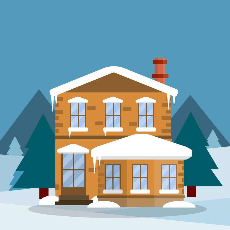 Winter home. Suburban building with snowdrifts on the natural landscape with forest and trees. Snowdrifts and icicles. A cozy home. vector