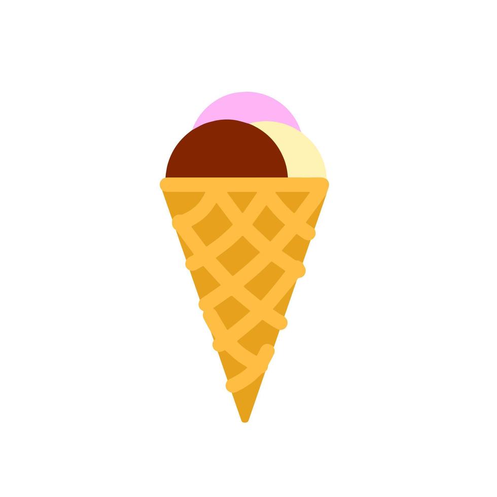 Ice cream cone. Sweet dessert with delicious balls. Cold food. vector