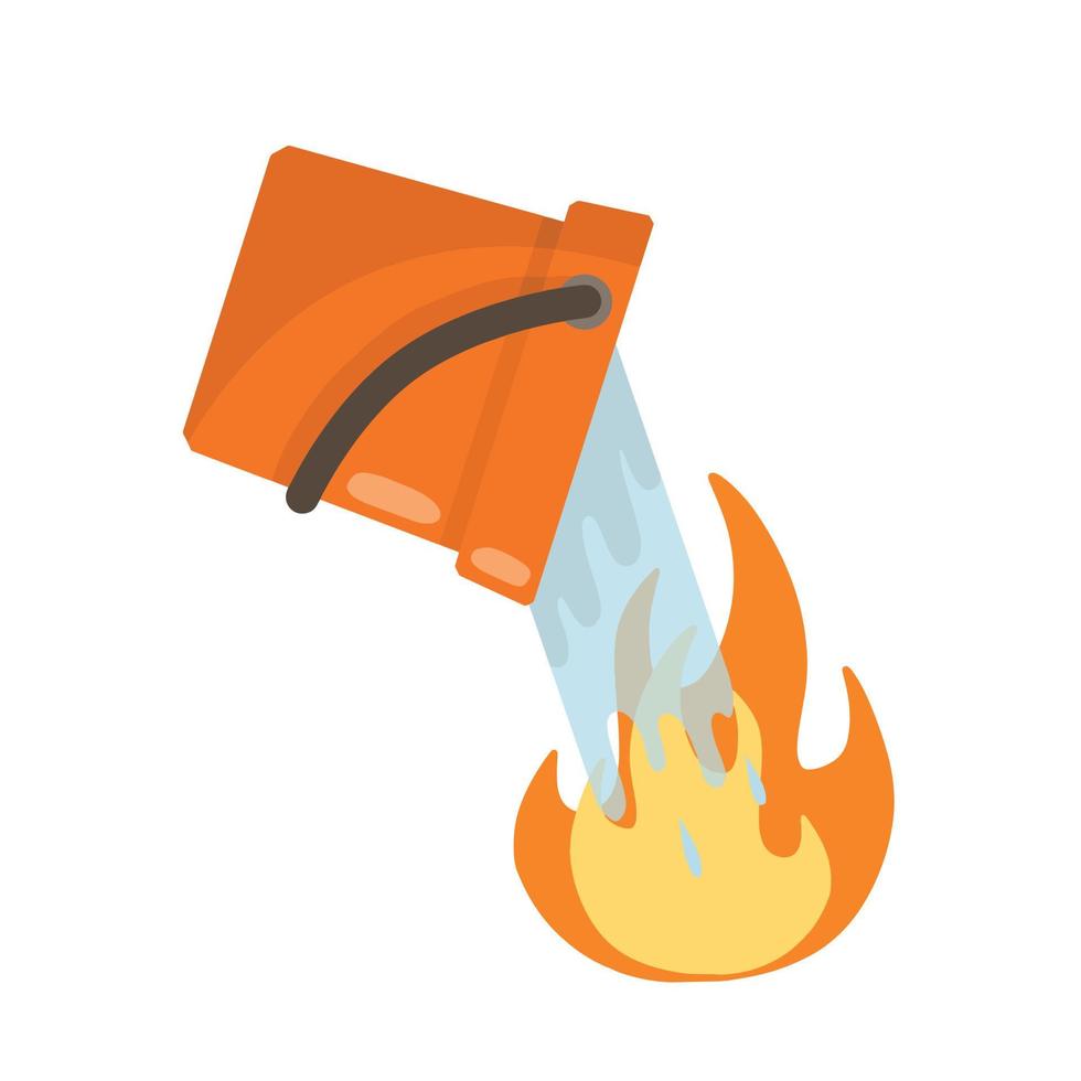 Bucket pours water on fire. Firefighting and spilling with spray. Flat cartoon illustration isolated on white background vector