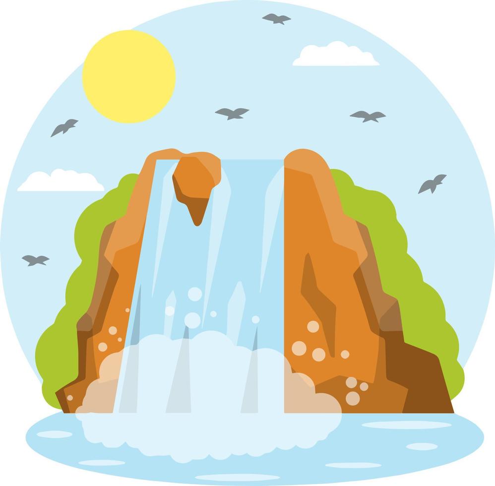 Waterfall on the mountain. Rocks and water. Tropical island. Summer season, Southern landscape. Cartoon flat illustration. Pond and lake. Water falls down vector