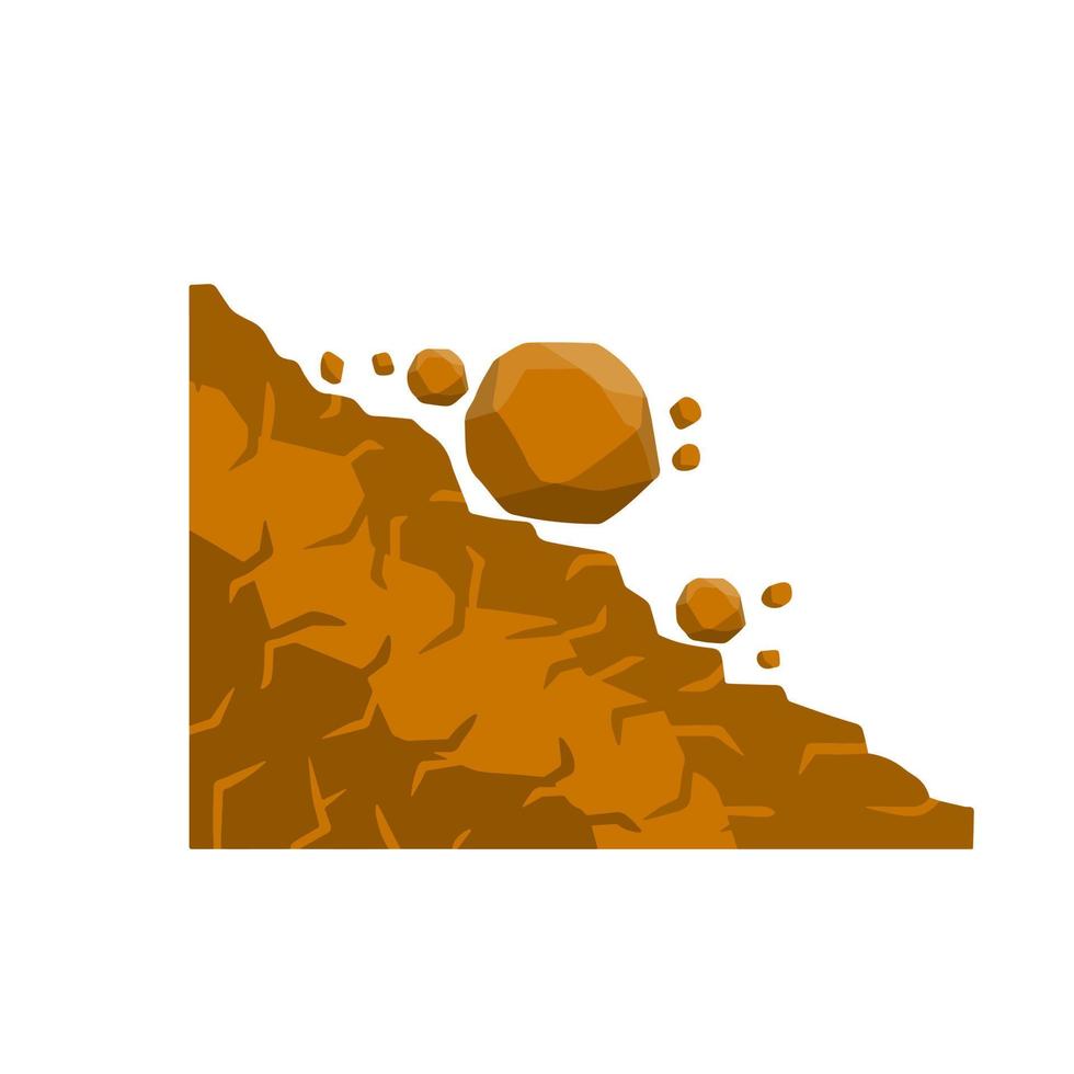 Rock rolls off a cliff. Falling boulder. Rockfall and landslide. Business concept of crisis and problems. Element of nature and mountains. Brown earth. Flat cartoon illustration. vector
