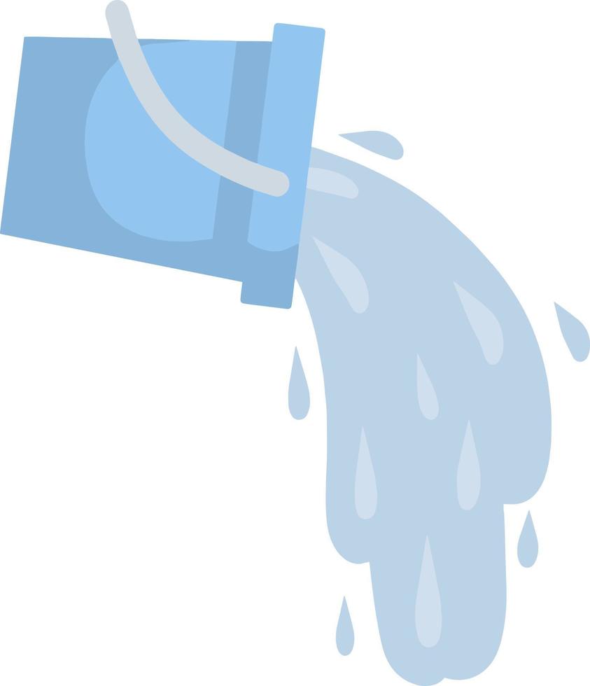 Blue bucket of water. Splash and splatter. Cleaning the house. Object for washing. Blue puddle on the floor. Liquid pours out. Cartoon flat illustration vector