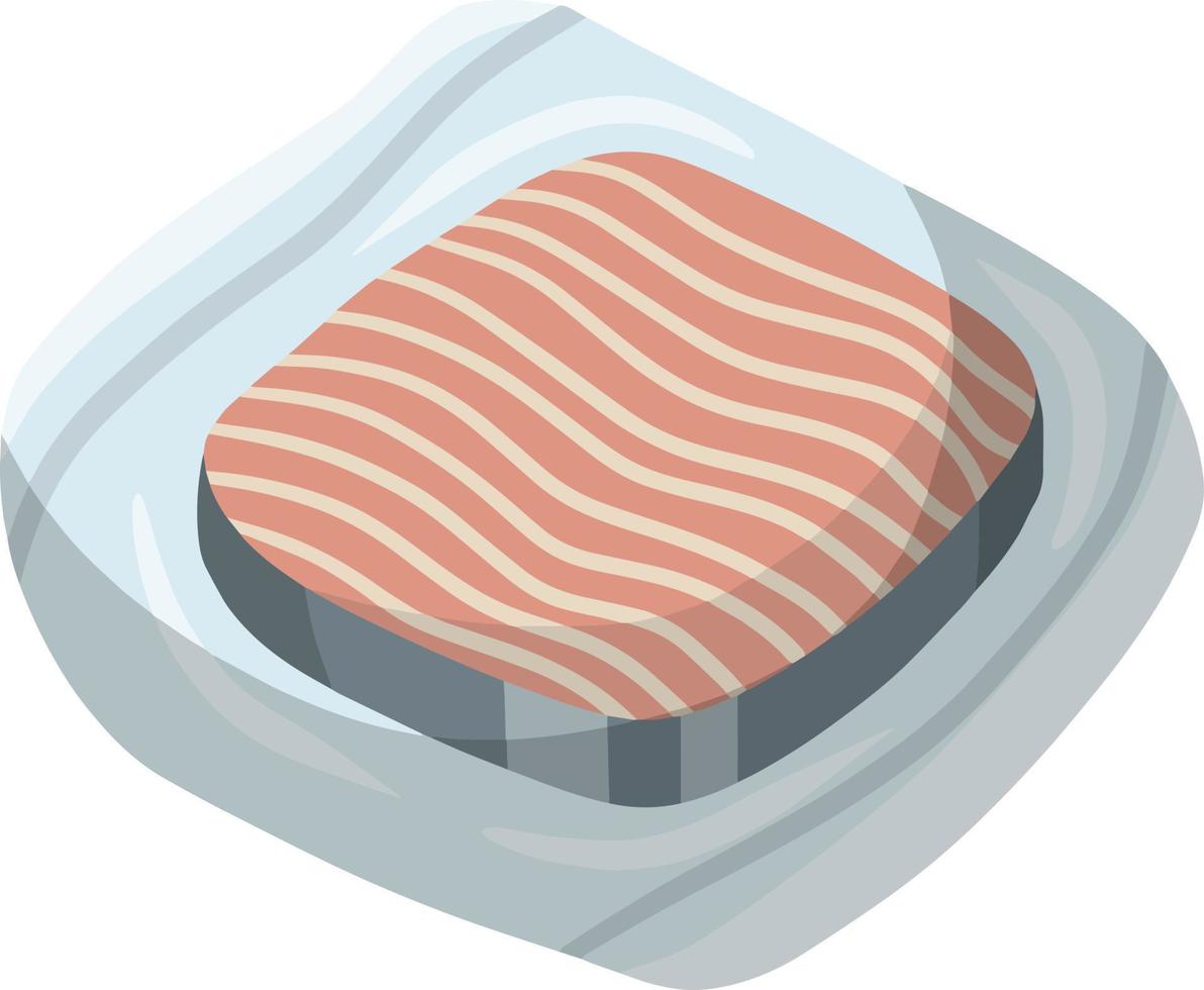 Packaging of frozen fish. Seafood and meat in package. Cartoon flat illustration. Supermarket product. Cold object vector