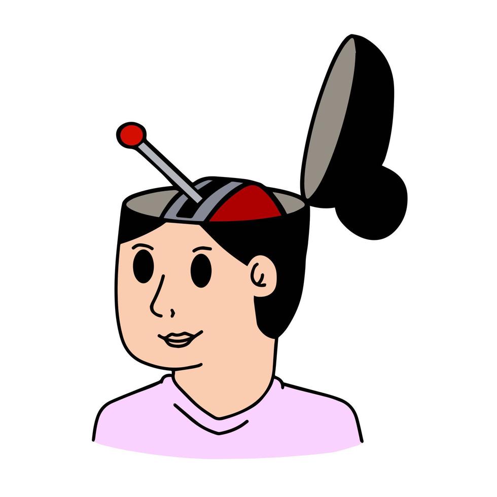 Lever in woman head. Psychological concept of switching problems, emotions and productive state. Mechanical handbrake in person mind. Outline cartoon vector