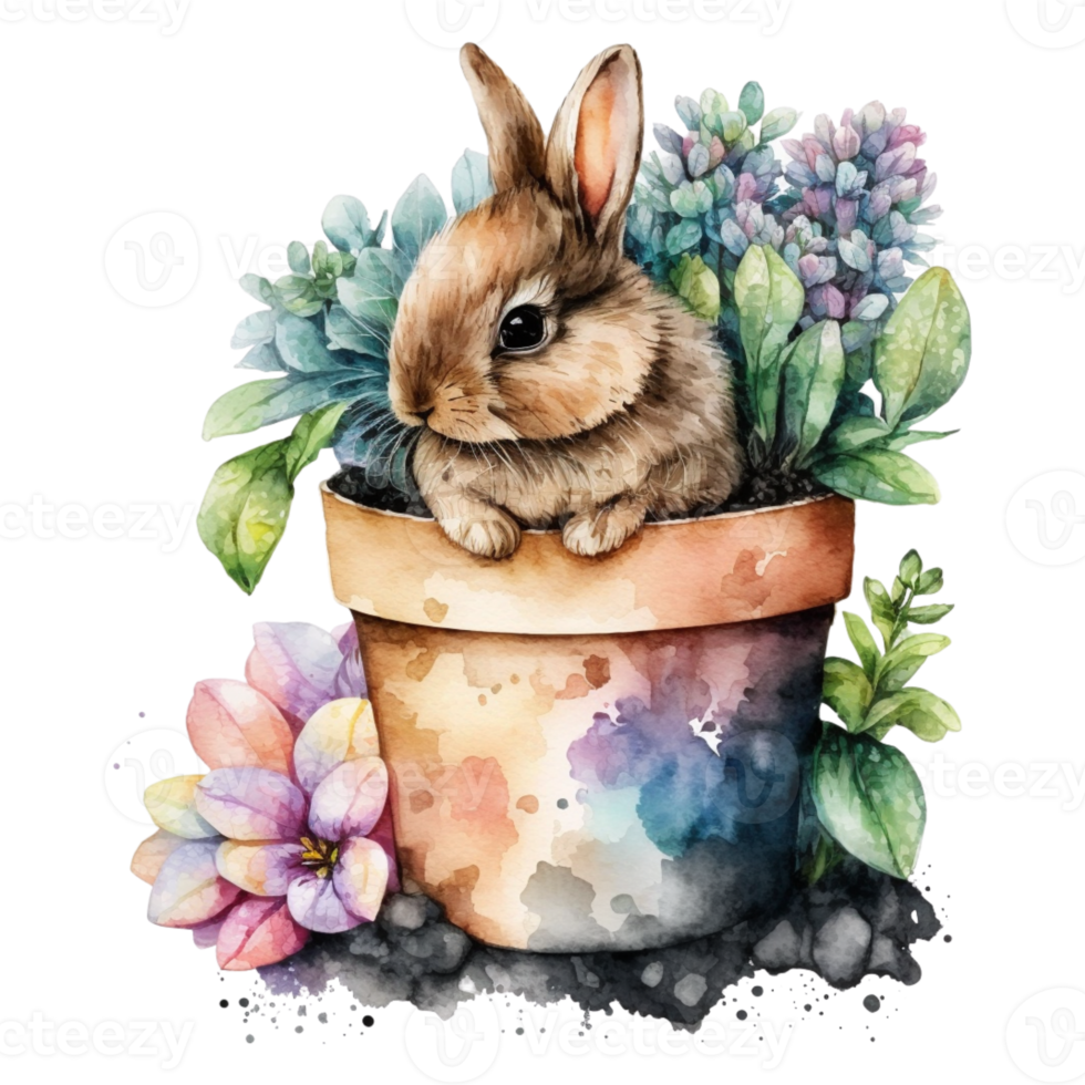 Watercolor Cute Spring Bunny in Plant Pot png