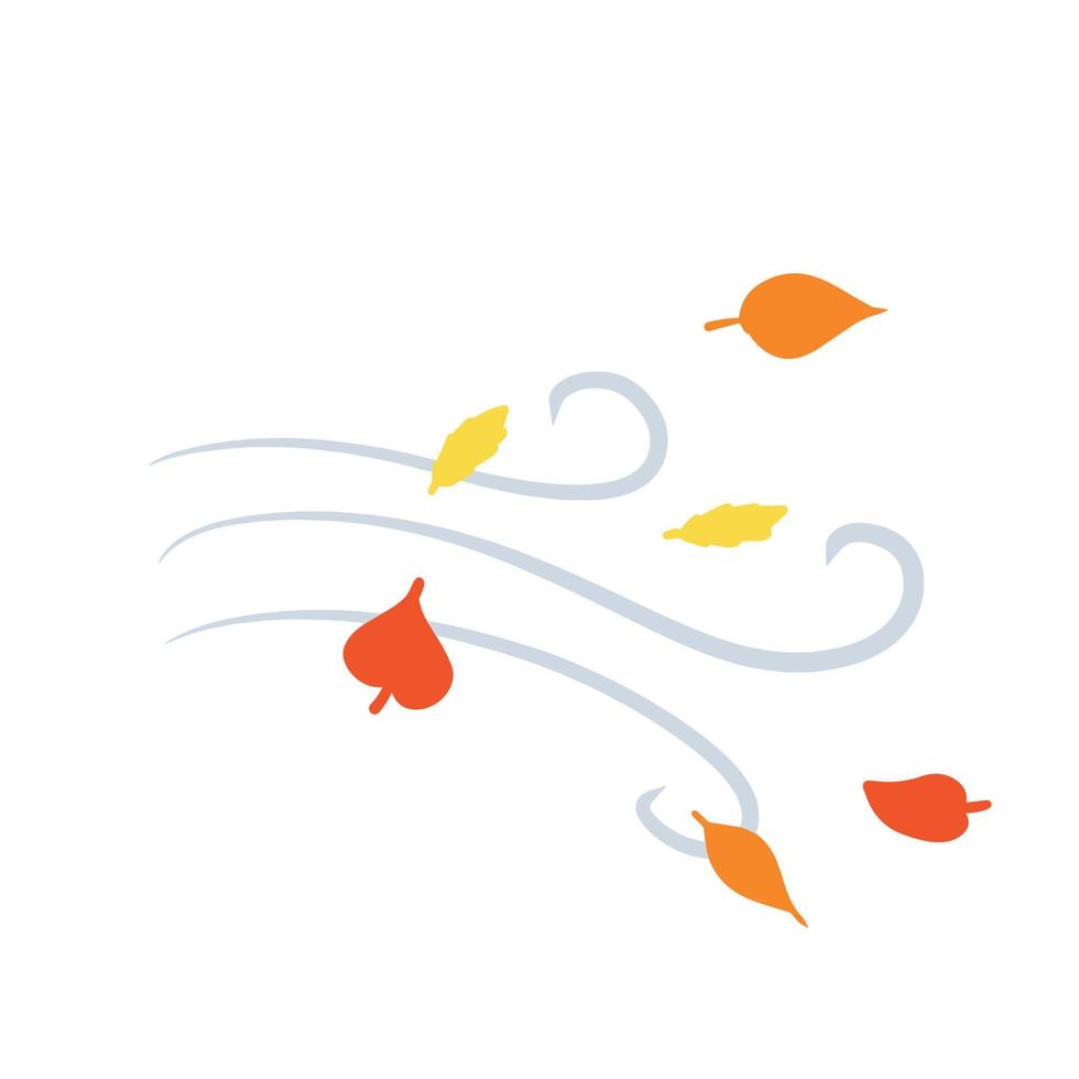 Autumn Wind. Stream of air with red and yellow leaves. Blue wavy line. Breeze and weather icon. Flat illustration. Leaf fall vector