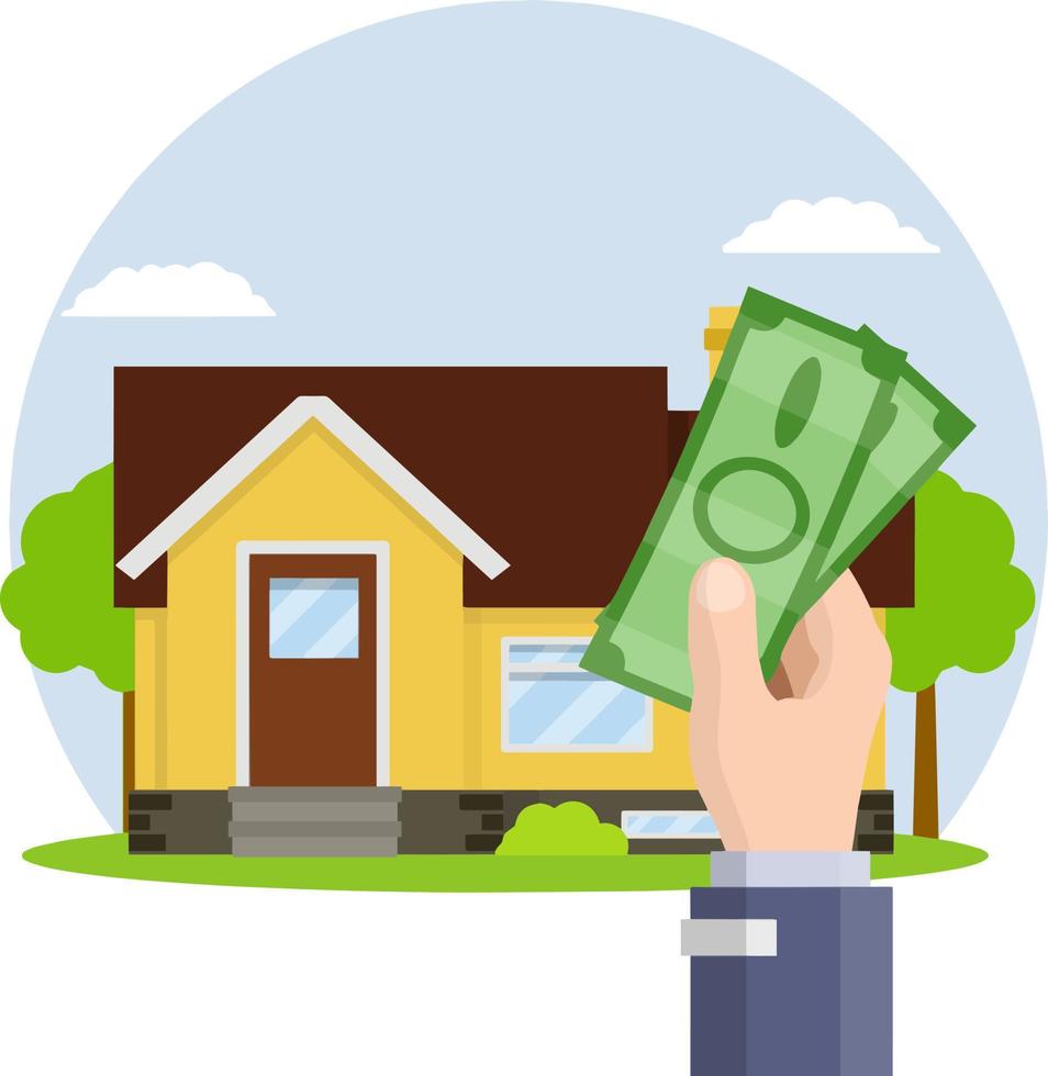 Rent a suburban house. Purchase and sale of housing. The element of small town. Hand holding green money. Work agent and realtor. Cartoon flat illustration vector