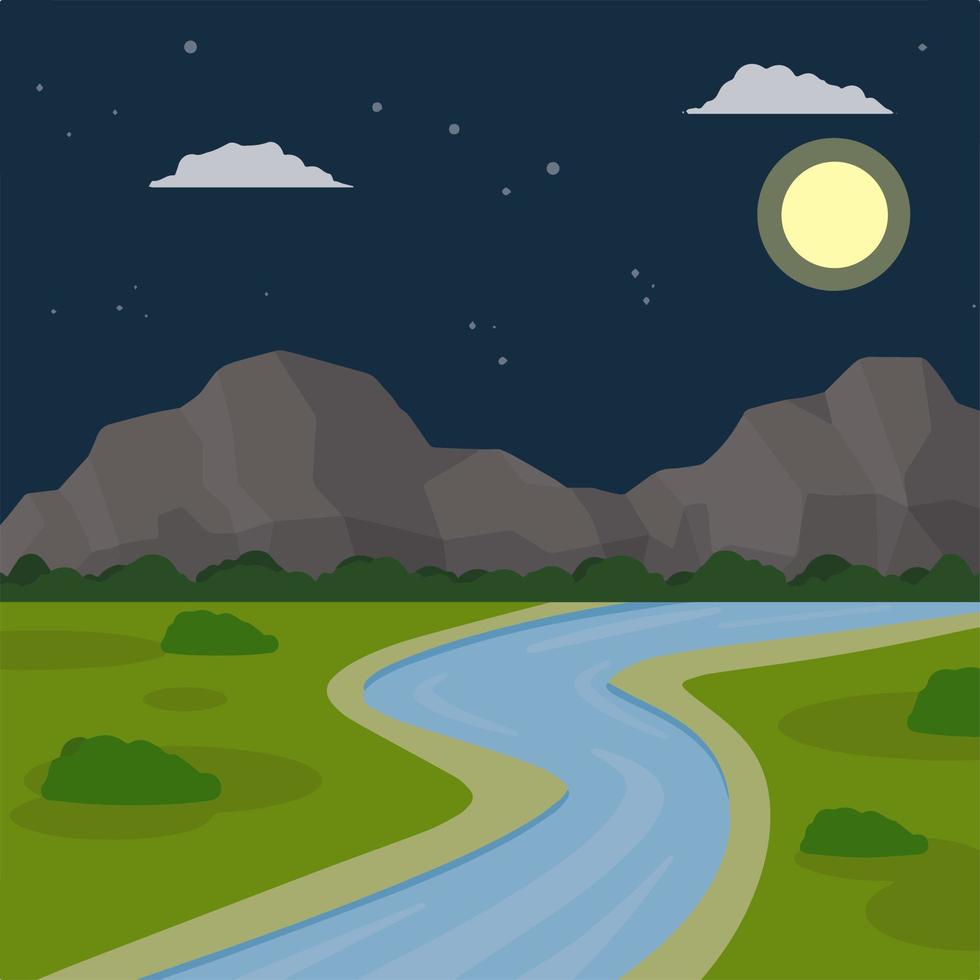 River. Natural landscape. Blue pond with water. Place for recreation and fishing. Summer season and green grass. Flat cartoon illustration vector