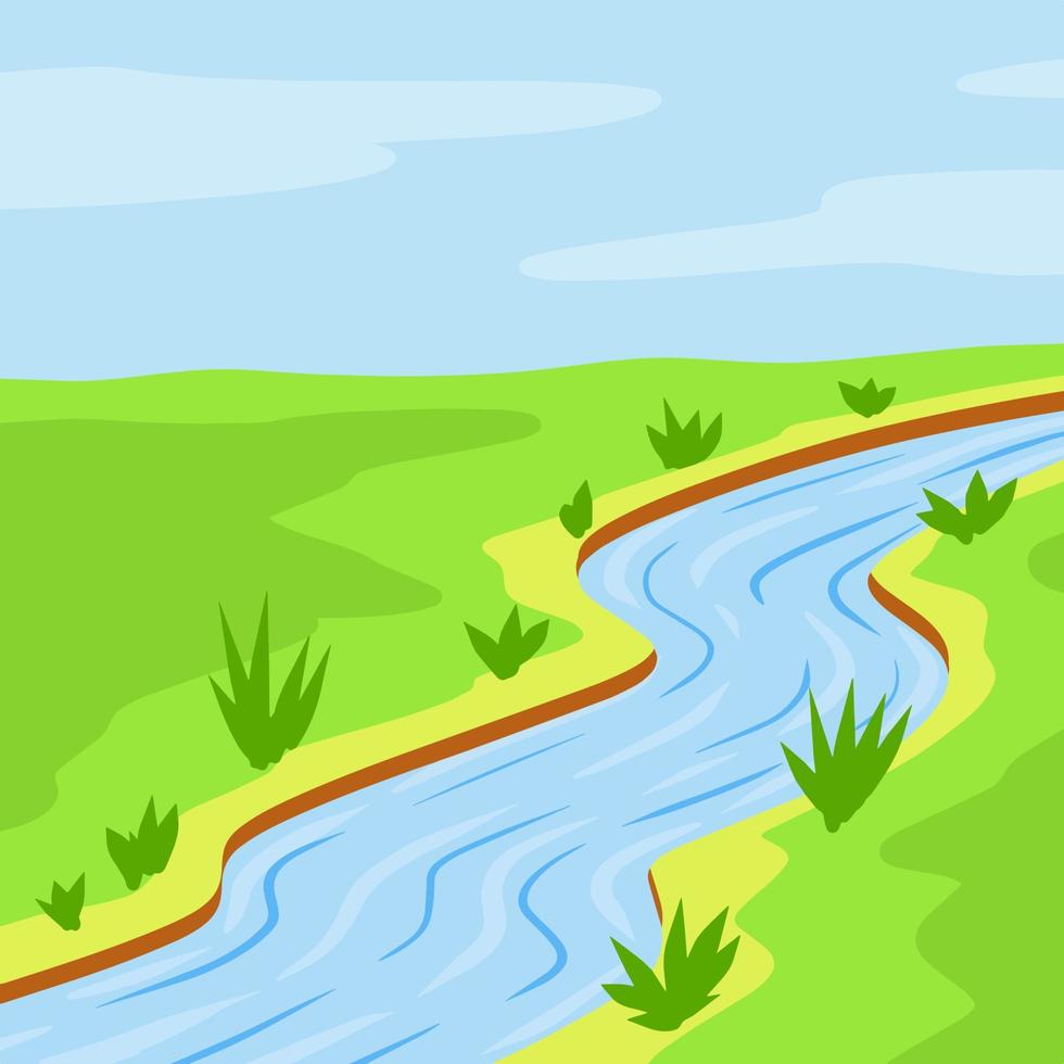 río. natural paisaje. azul estanque con agua. sitio para recreación y pesca. verano temporada y verde césped. plano dibujos animados ilustración vector