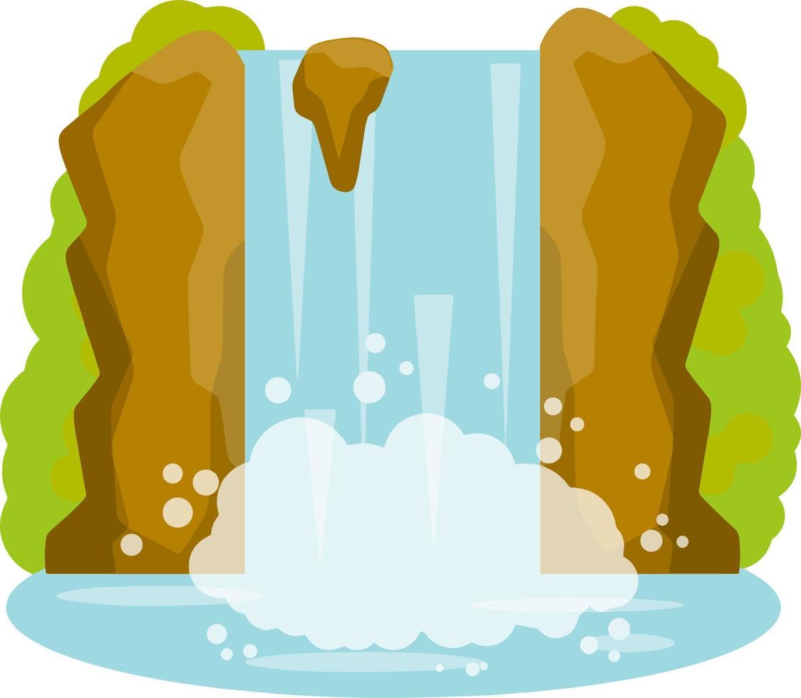 Waterfall on the mountain. Rocks and water. Tropical island. Summer season, Southern landscape. Cartoon flat illustration. Pond and lake. Water falls down vector