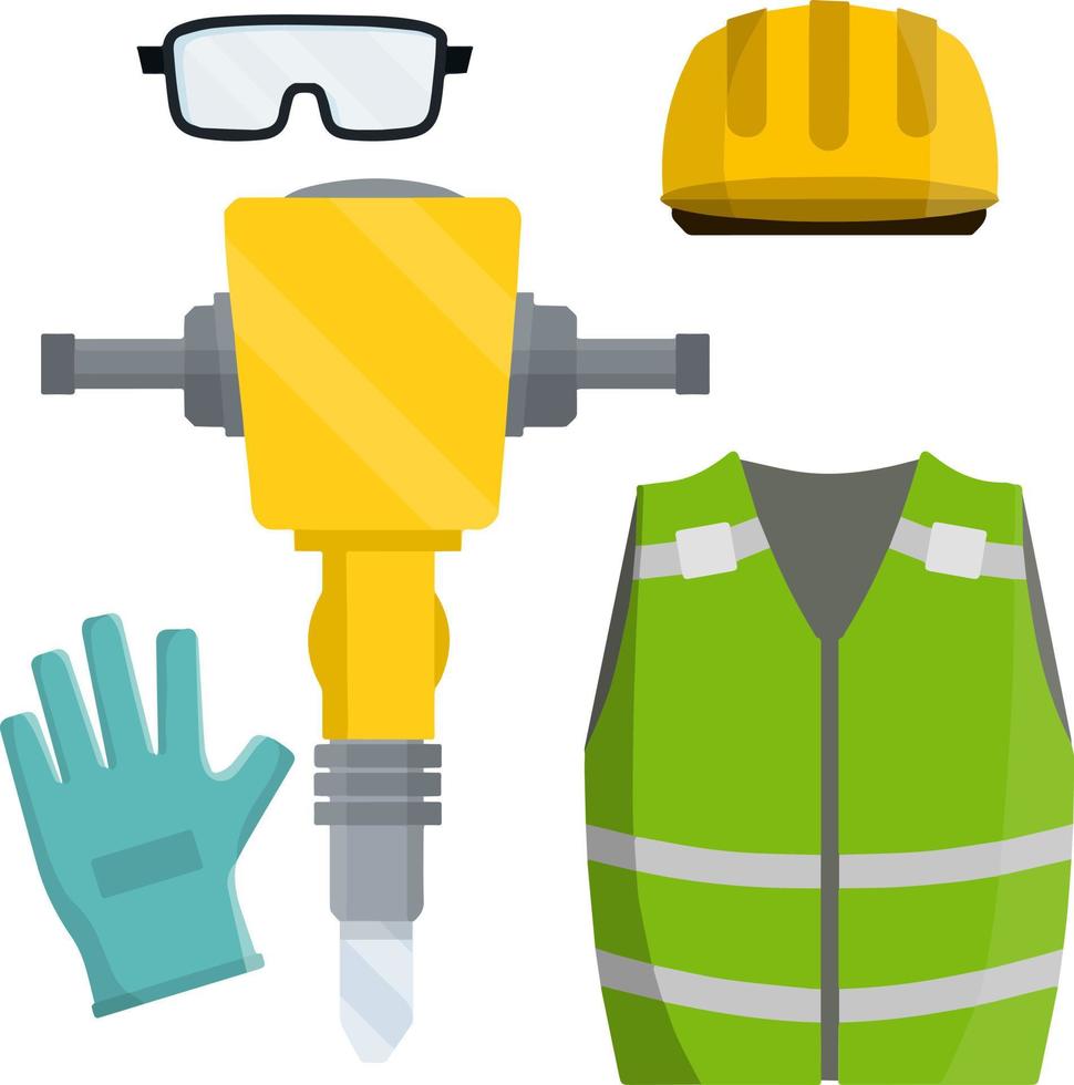 Clothing and tools worker and the Builder. Type of profession. Cartoon flat illustration. Kit items and objects. Yellow uniform, gloves, jackhammer, goggles, orange vest and helmet. industrial safety vector