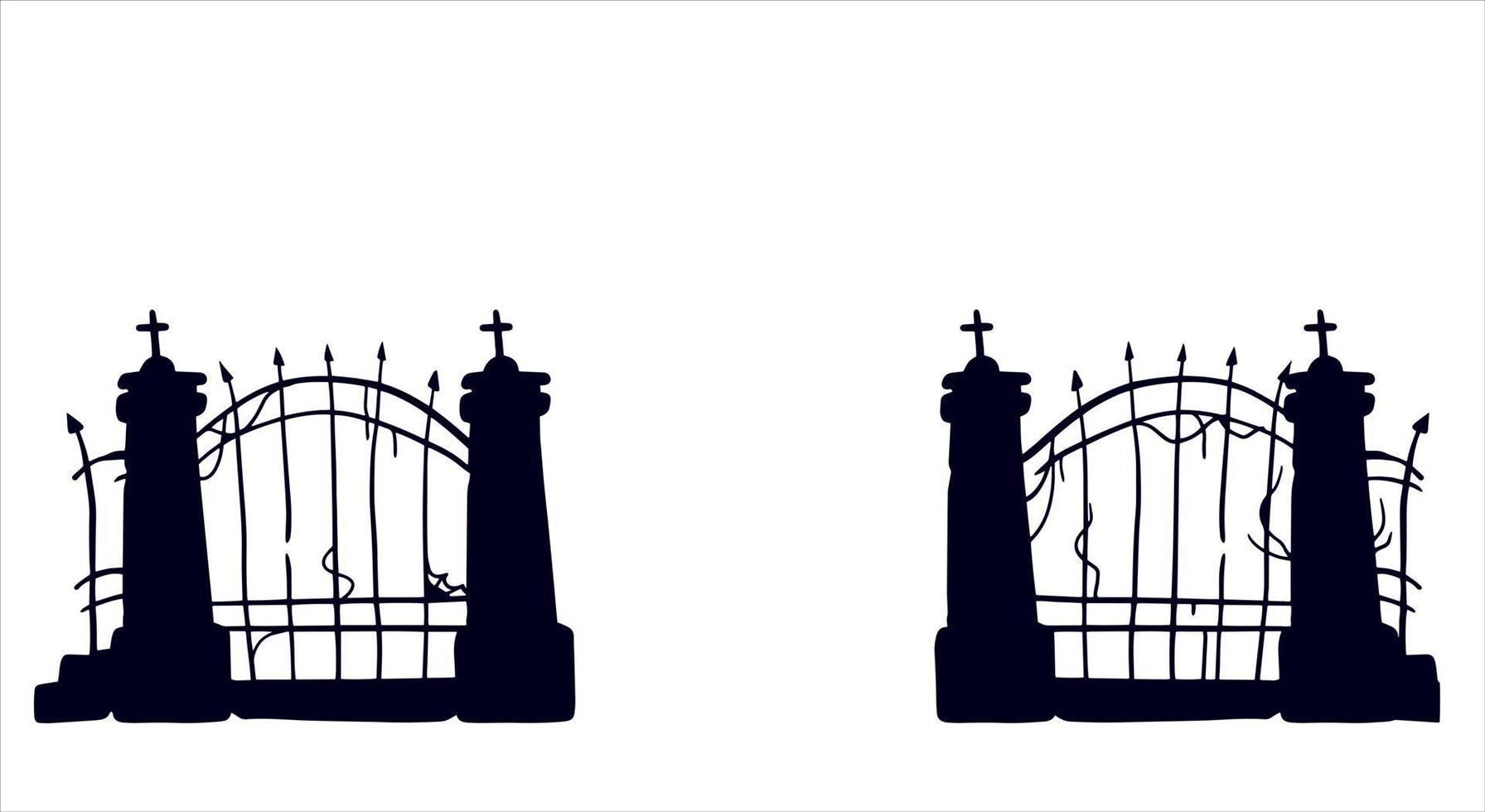 Old fence of cemetery. Halloween decoration. Black silhouette of gloomy wall. Flat illustration isolated on white vector