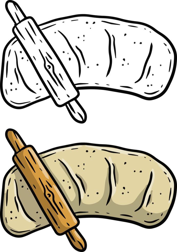 Rolling pin and dough. Wooden appliance for kitchen and cooking. Kneading dough. Cartoon sketch doodle illustration. Preparation of bread and pastries vector