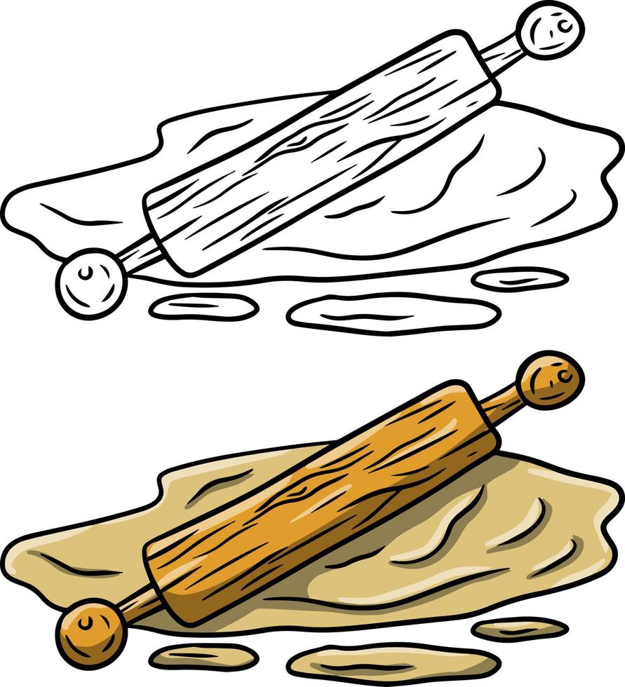 Rolling pin and dough. Wooden appliance for kitchen and cooking. Kneading dough. Cartoon sketch doodle illustration. Preparation of bread and pastries vector