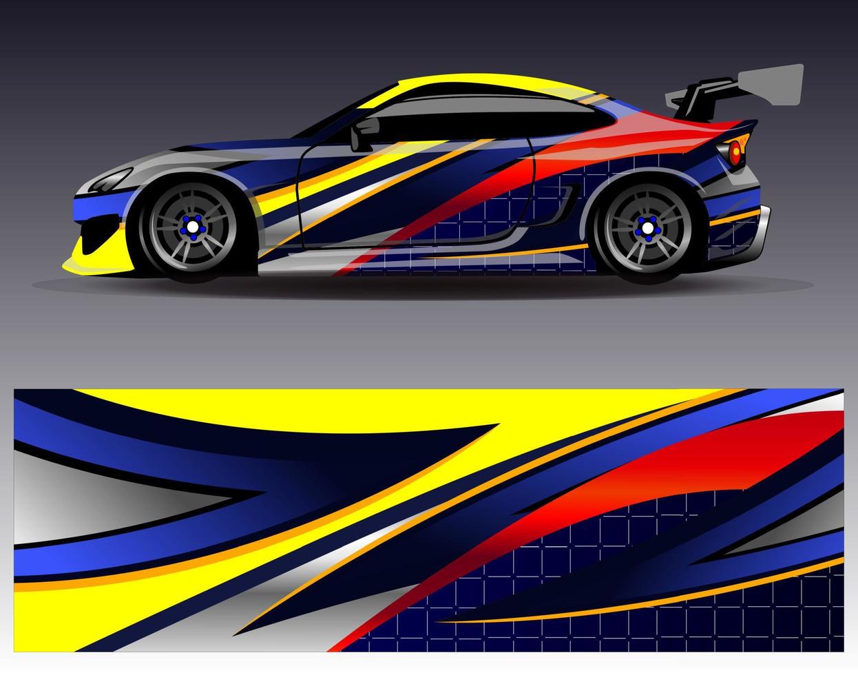 vector de diseño de envoltura de coche. Diseños de kits de fondo de carreras de franjas abstractas gráficas para envolver vehículos carrera de autos rally aventura y librea