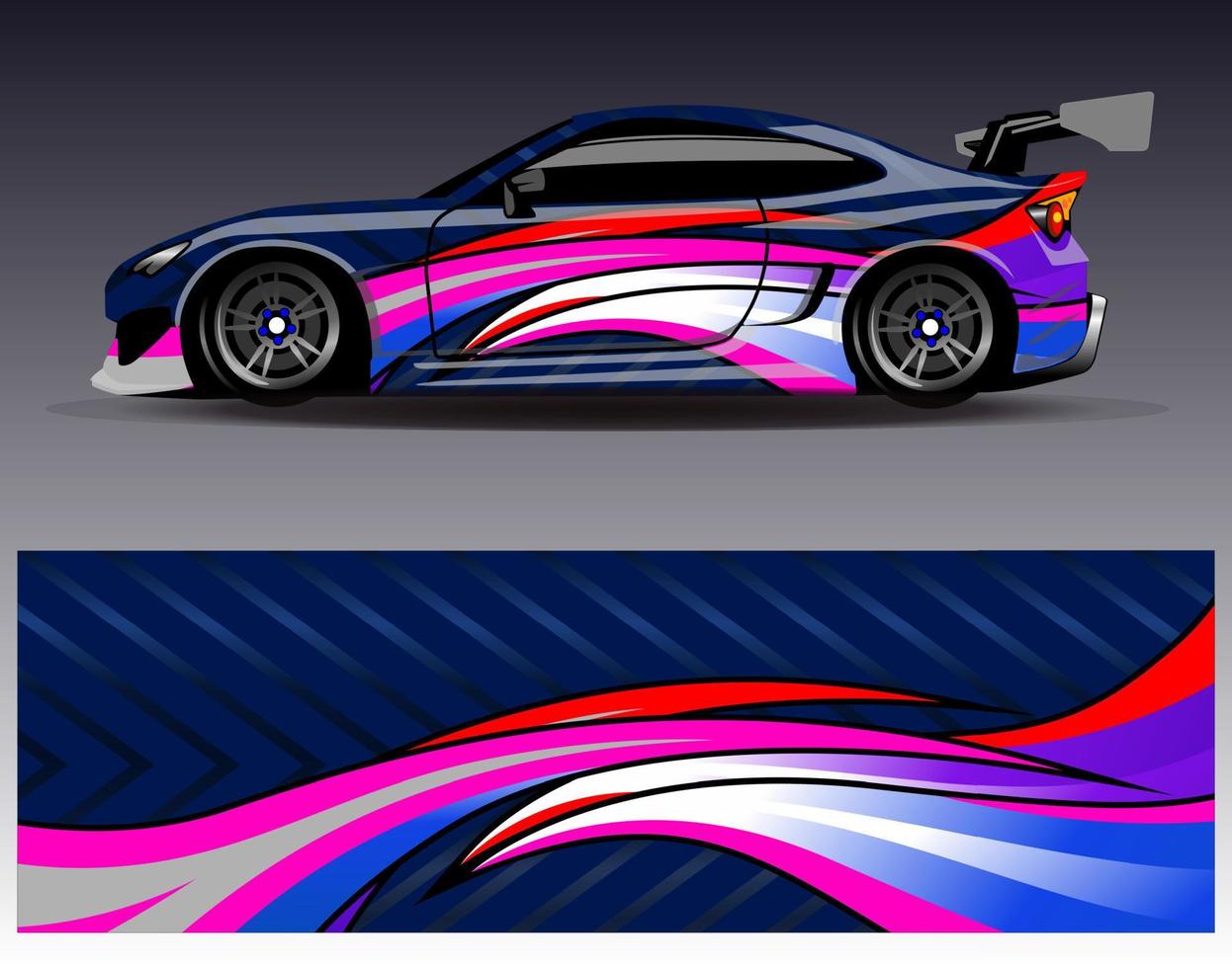 vector de diseño de envoltura de coche. Diseños de kits de fondo de carreras de franjas abstractas gráficas para envolver vehículos carrera de autos rally aventura y librea