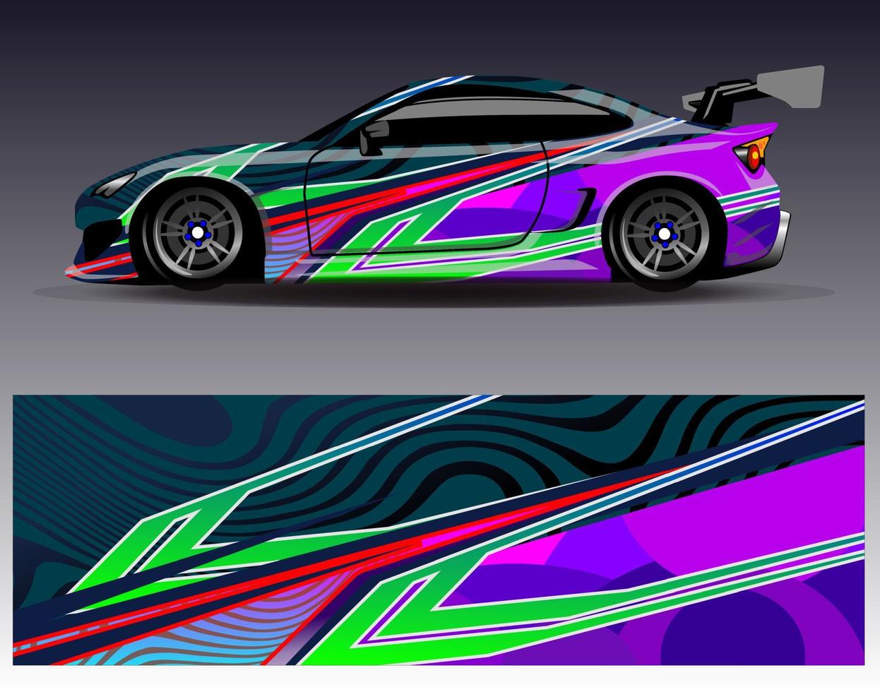 vector de diseño de envoltura de coche. Diseños de kits de fondo de carreras de franjas abstractas gráficas para envolver vehículos carrera de autos rally aventura y librea