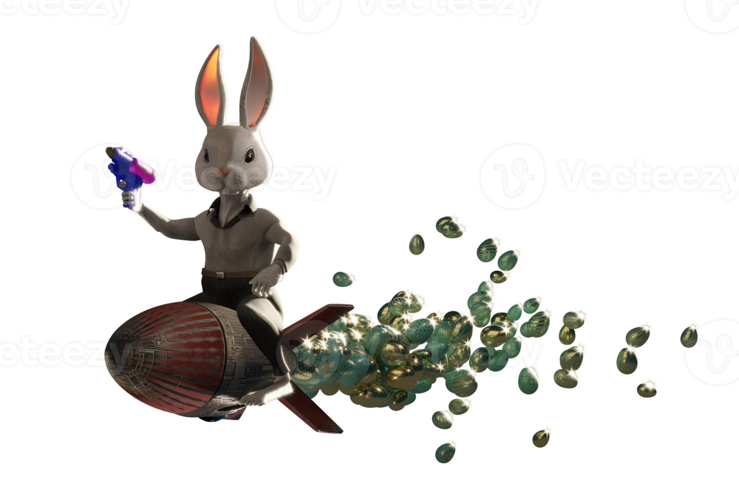 3D Illustration , Bunny Rocket Easter Design. png