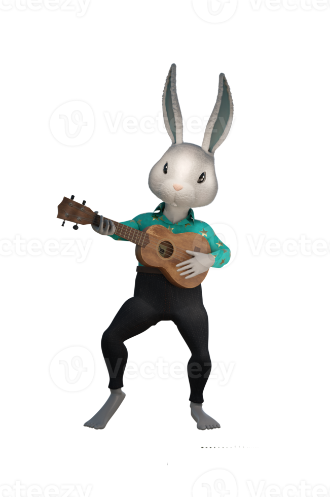 3D Illustration ,Cute cartoon rabbit  play Ukulele png