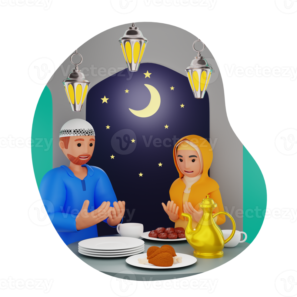 musulman couple prier avant ayant iftar, 3d personnage illustration png