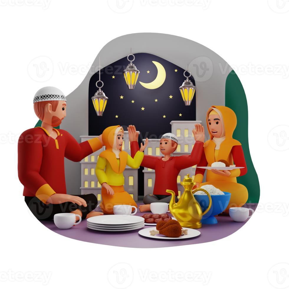 famille Faire Ramadan dîner ensemble 3d personnage illustration png