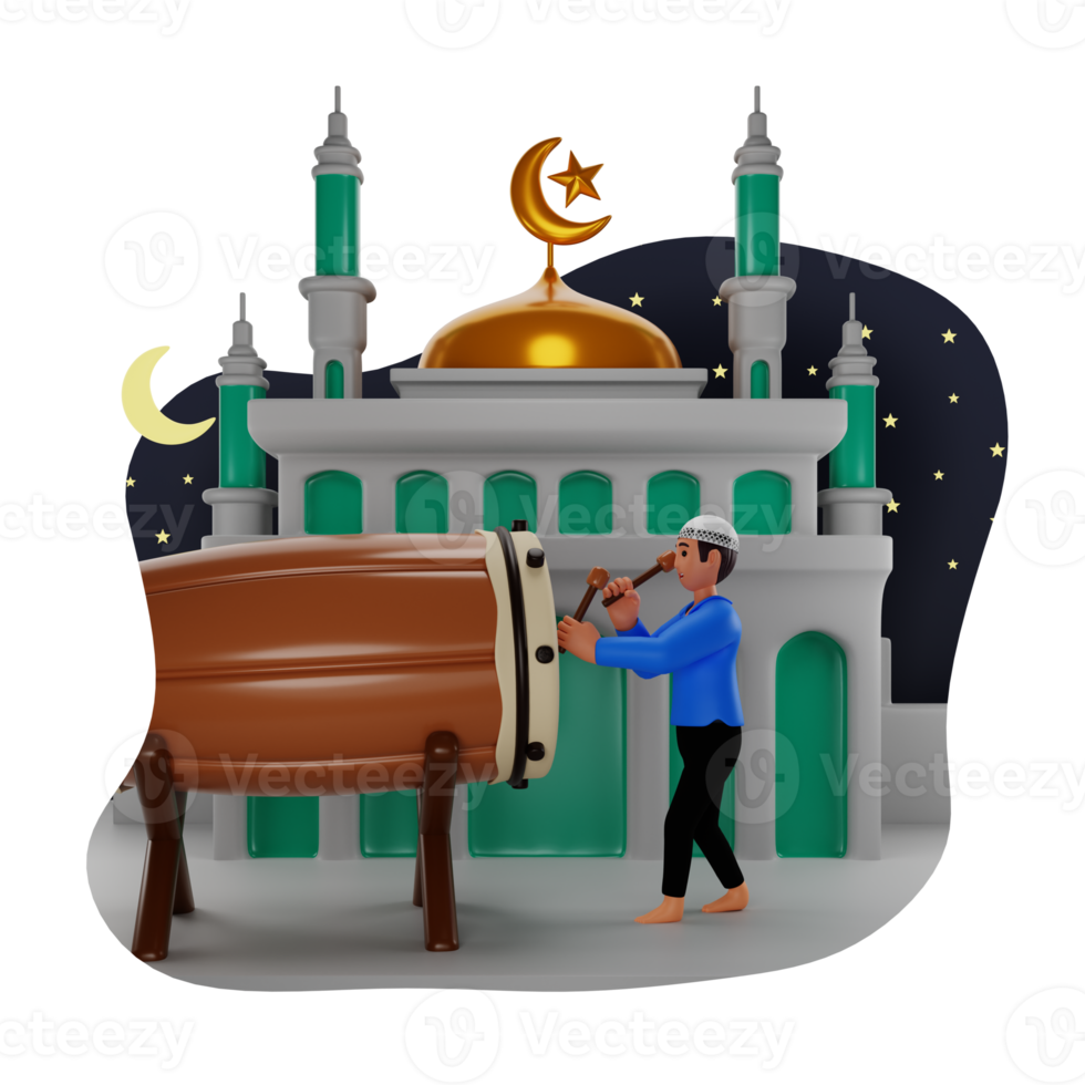 Muslim Man Celebrating Ramadan With Beat The Bedug, 3D Character Illustration png