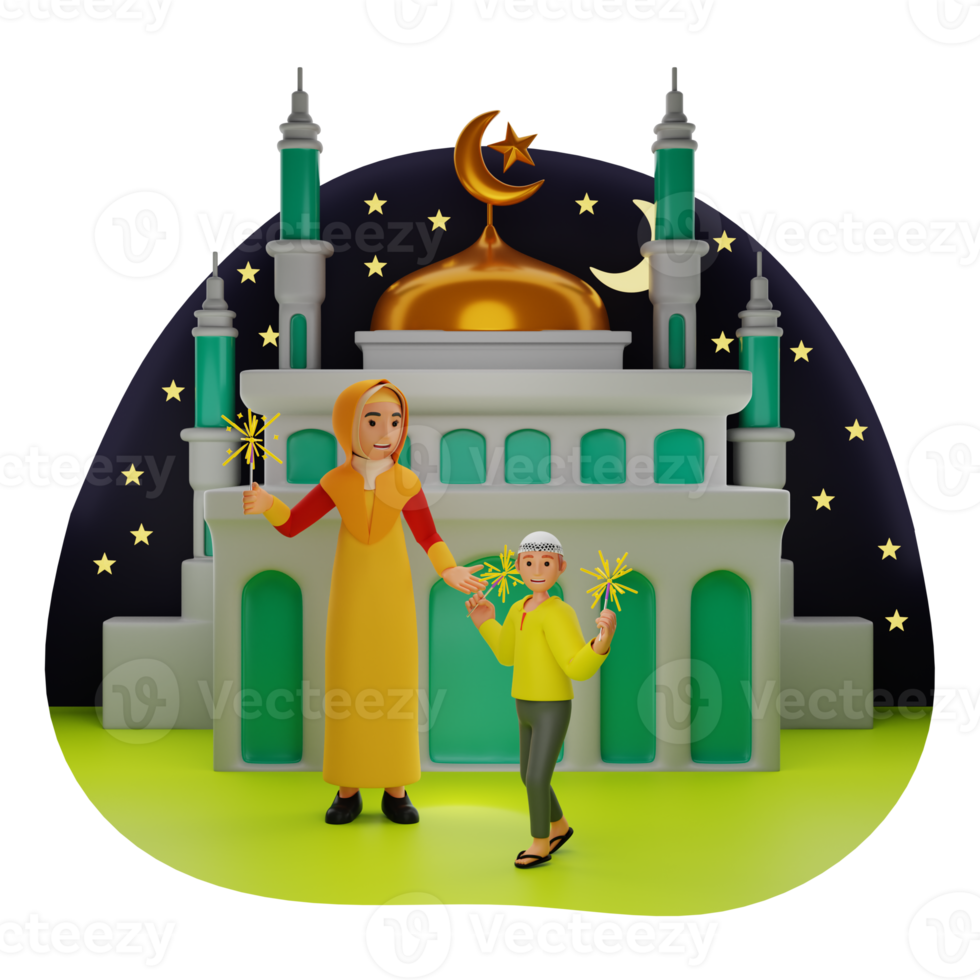 Mother and Boy Playing Fireworks Celebrate Ramadan, 3D Character Illustration png