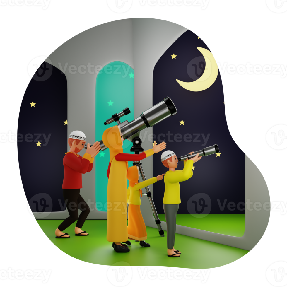 Muslim People Looking At Moon, 3D Character Illustration png