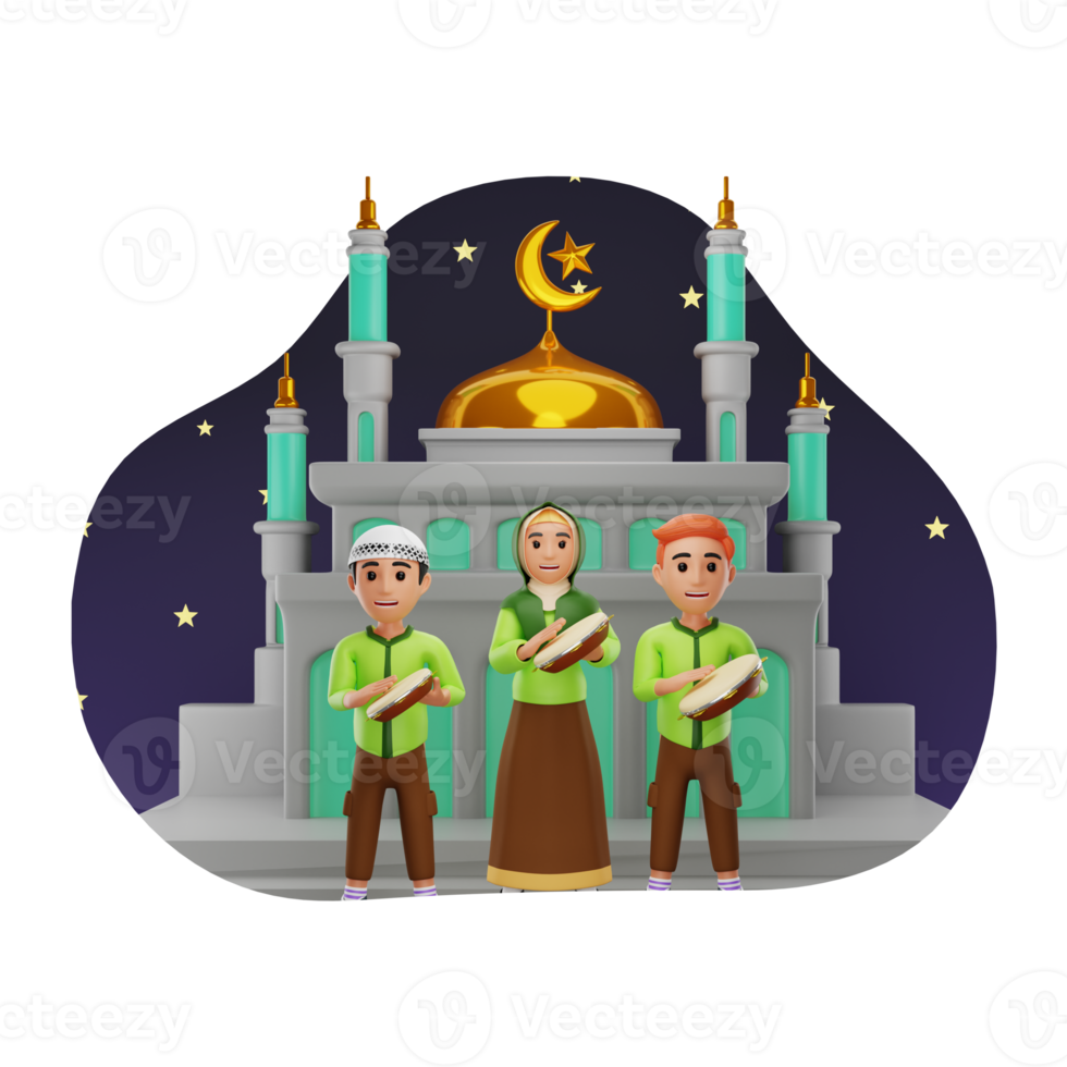 Muslim Kids Playing Rebana On Eid Mubarak, 3D Character Illustration png